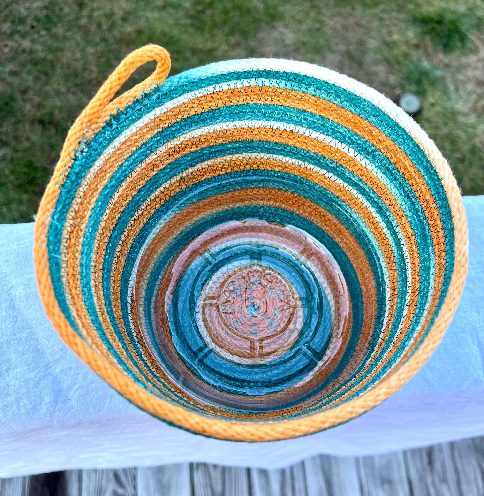 Coiled Rope Planter Teal and Orange Stripes