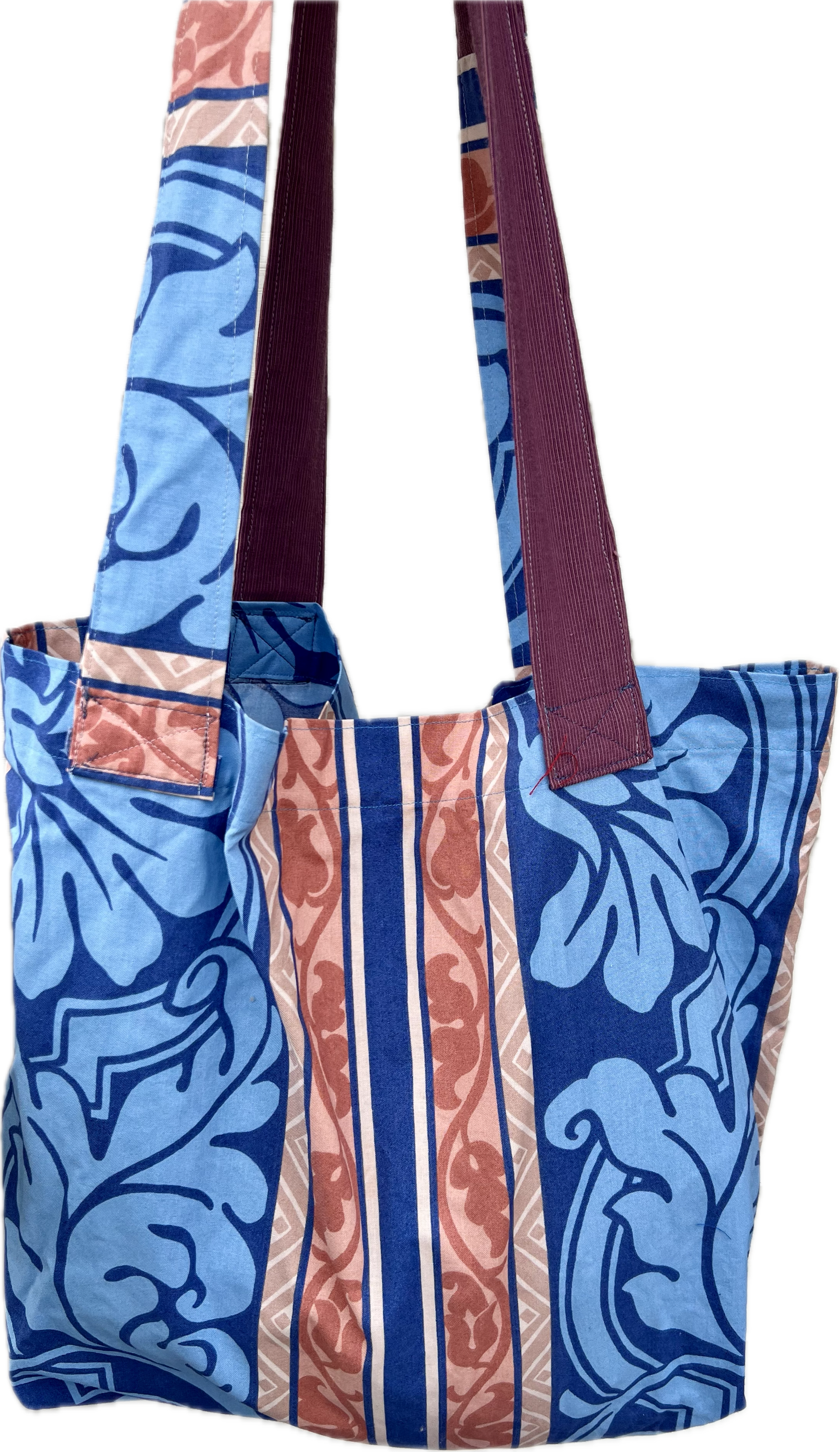 Market Grocery Tote Bag Blue Peach Large Print Damask
