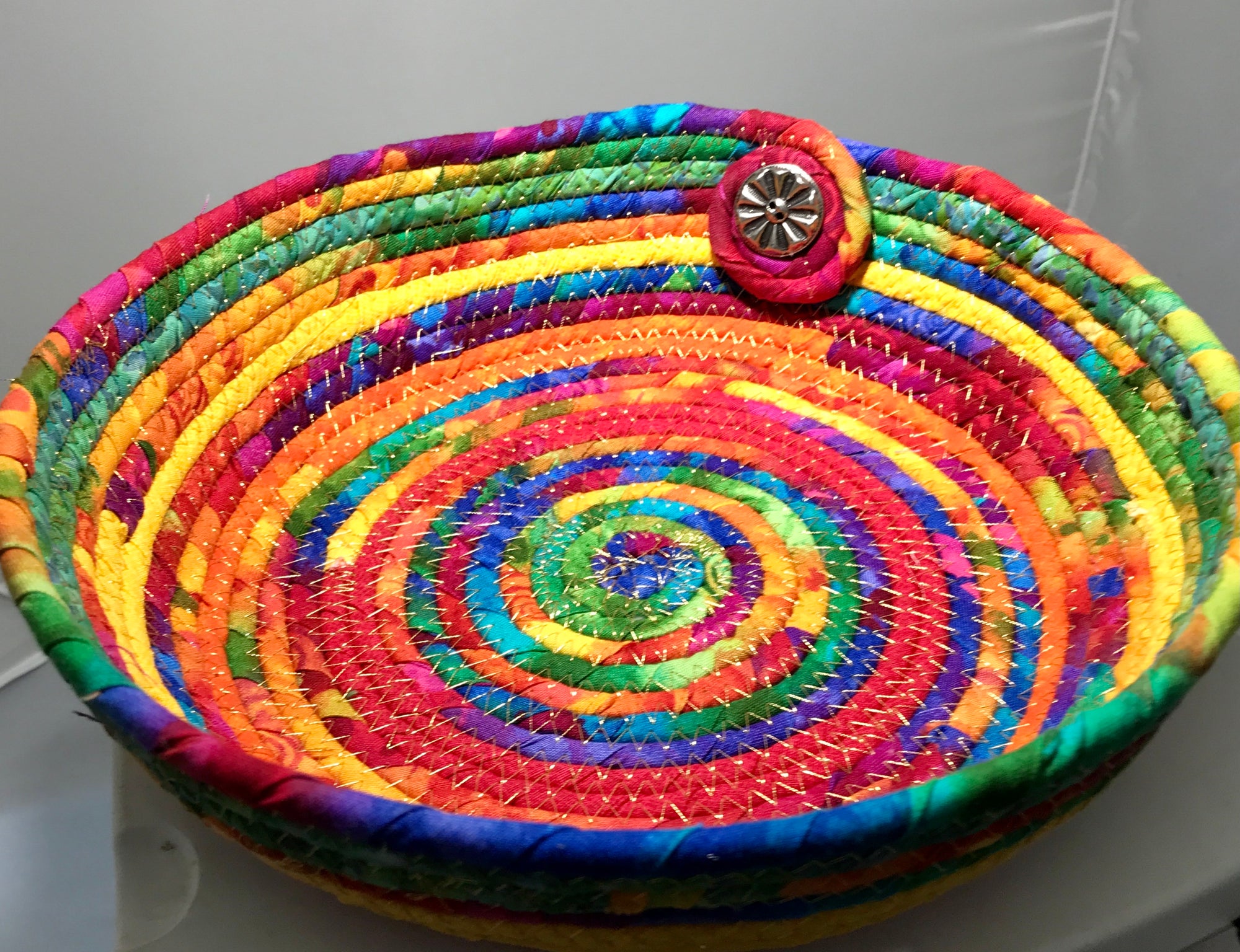 Coil Wrapped Basket Rainbow Catch All Bowl Metal Button Accent