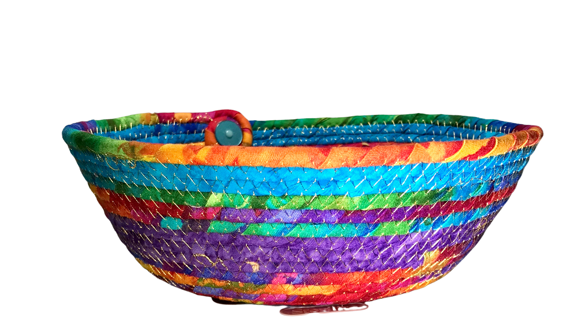 Coil Wrapped Basket Rainbow Catch All Bowl Blue Button Accent