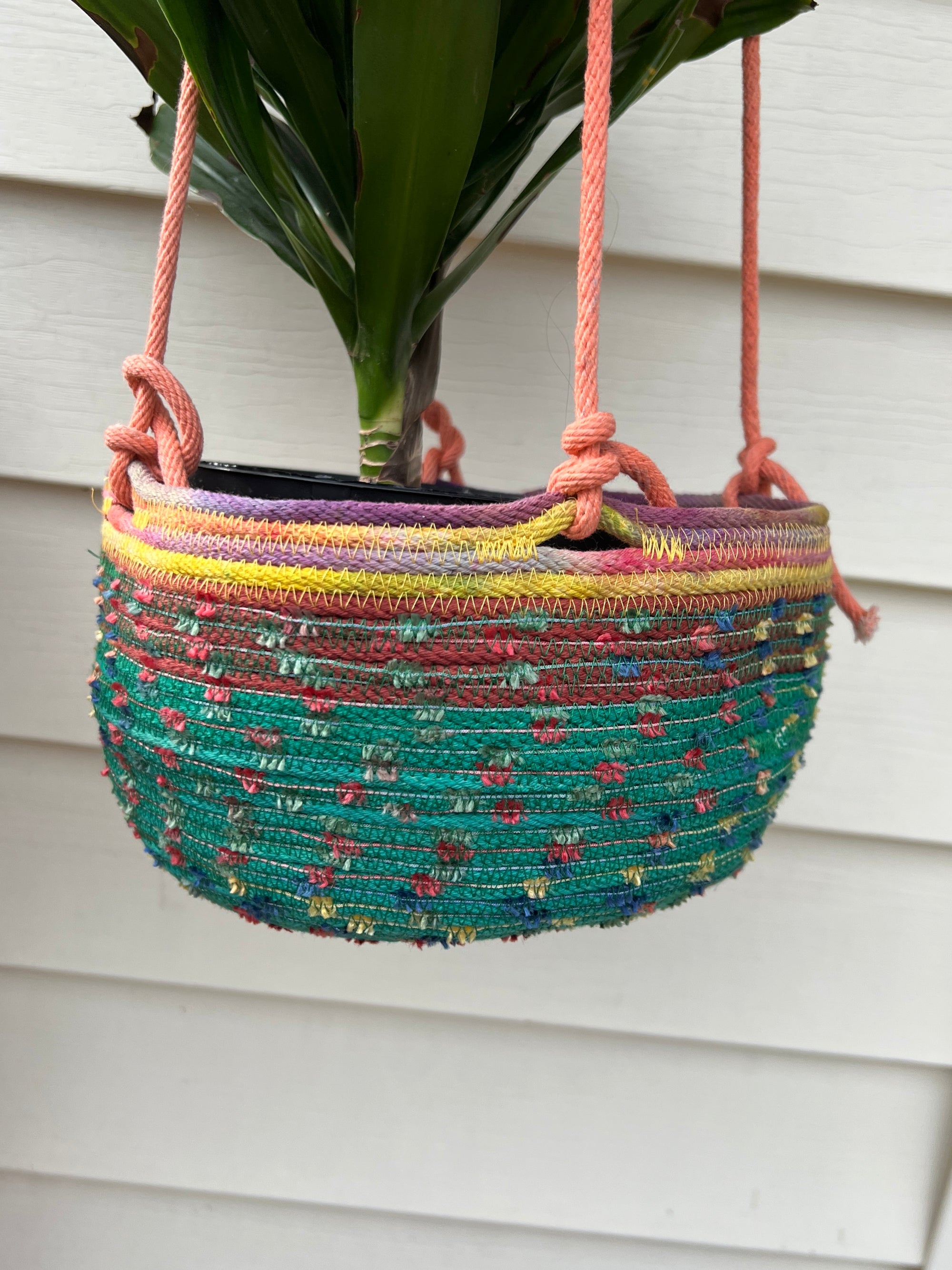 Hanging Planter Coiled Rope Green with Fuzzy Accents