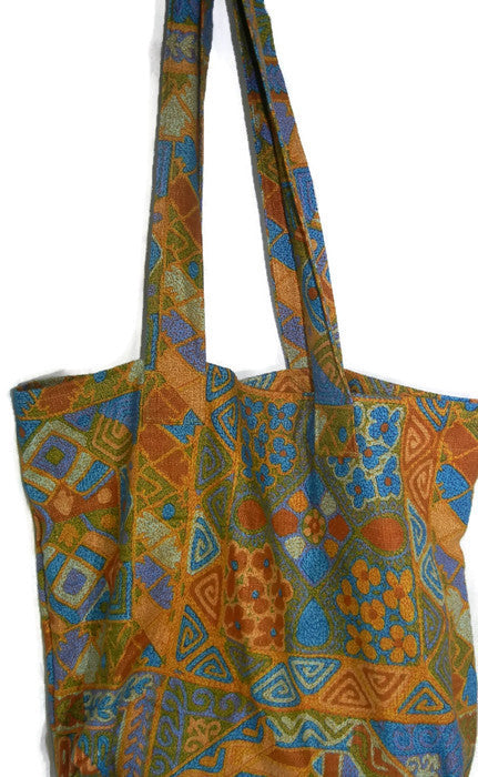 Fabric Grocery Bag Carry All Tote Bag Gold and turquoise