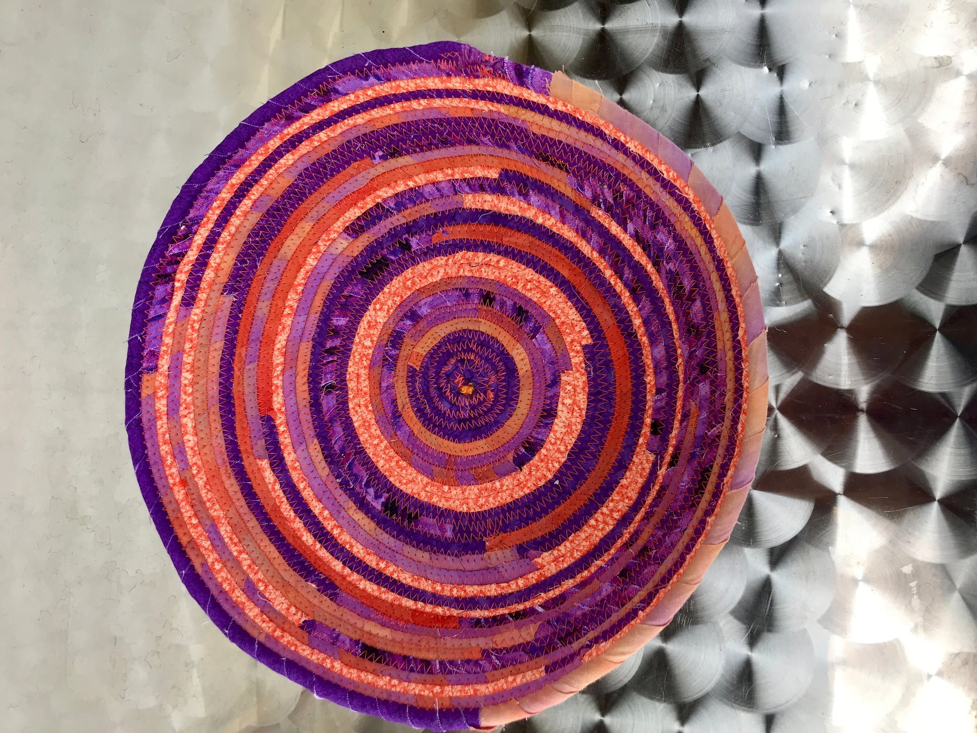 Fabric Wrapped Rolled Coil Bowl Orange and Purple Batik