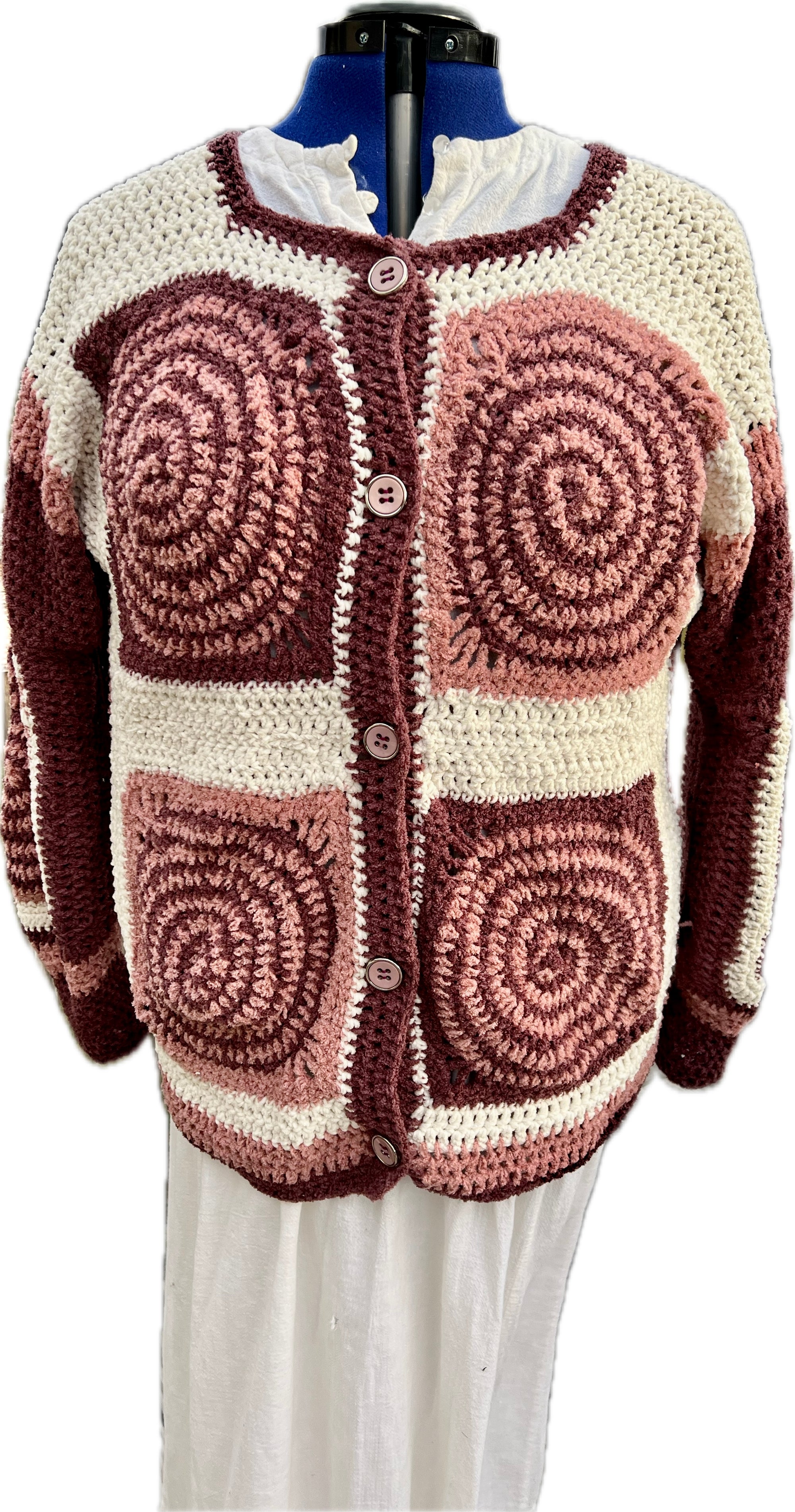 Cardigan crochet Spirals Chenille in Plum, Blush and Cream