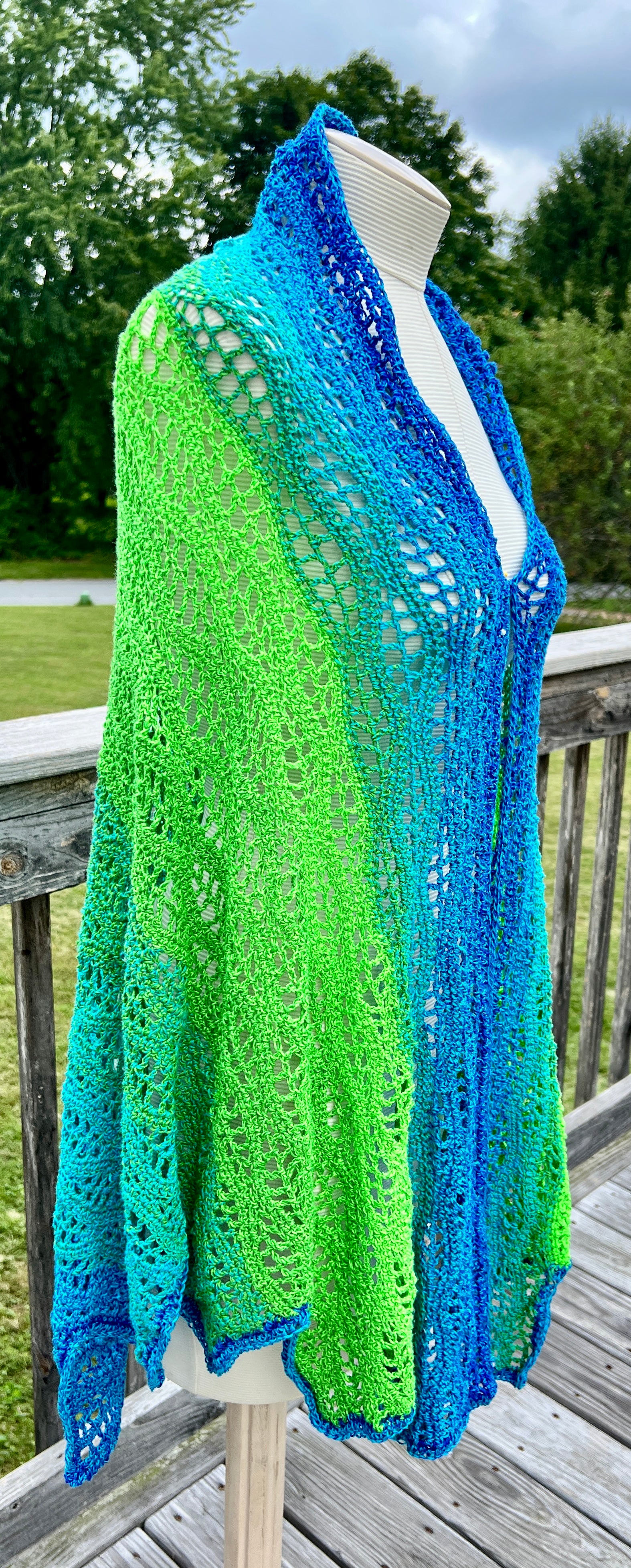 Summer Crocheted Full Tiered Shawl Large/XL Blue Turquoise Greens