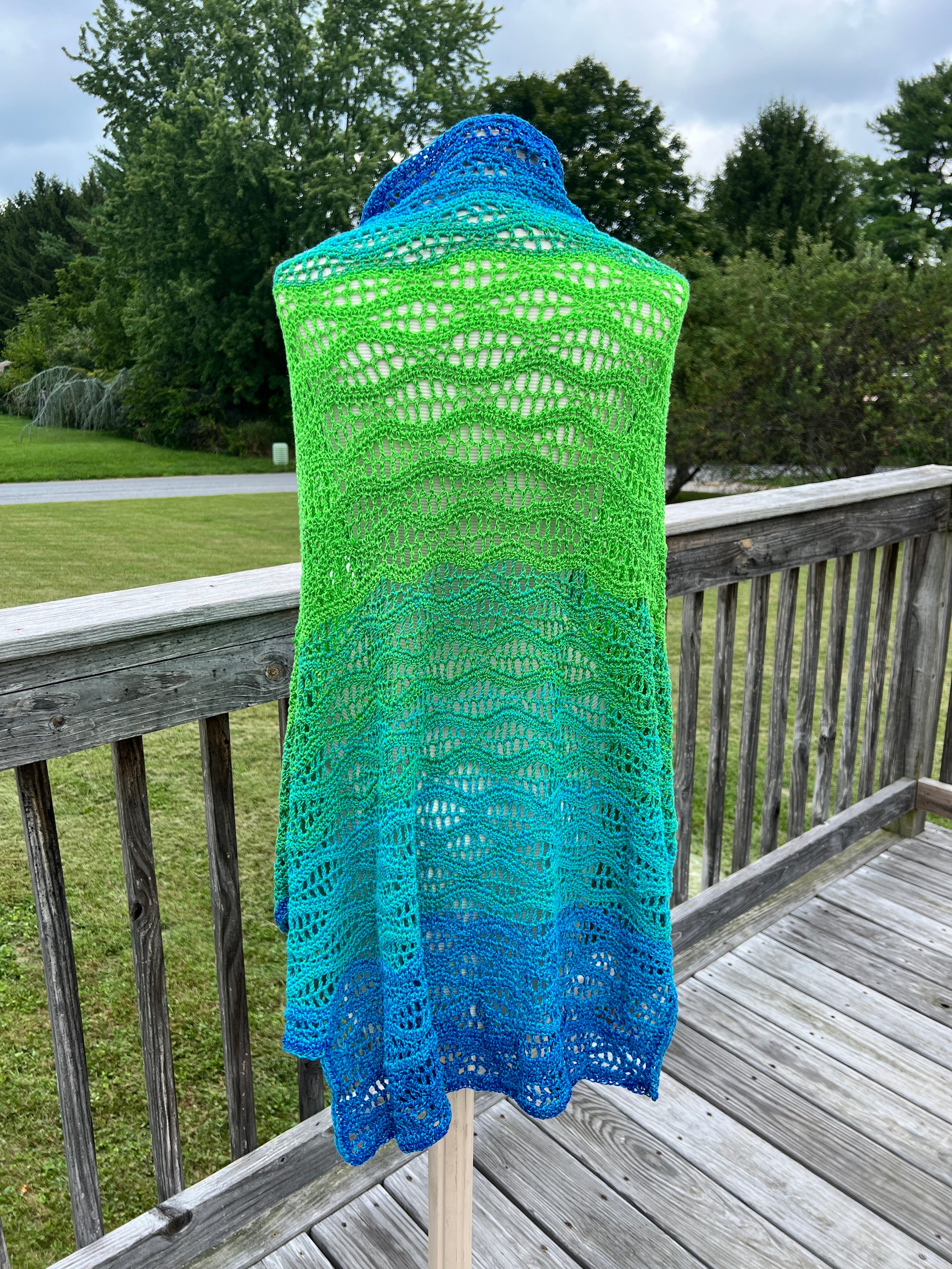 Summer Crocheted Full Tiered Shawl Large/XL Blue Turquoise Greens