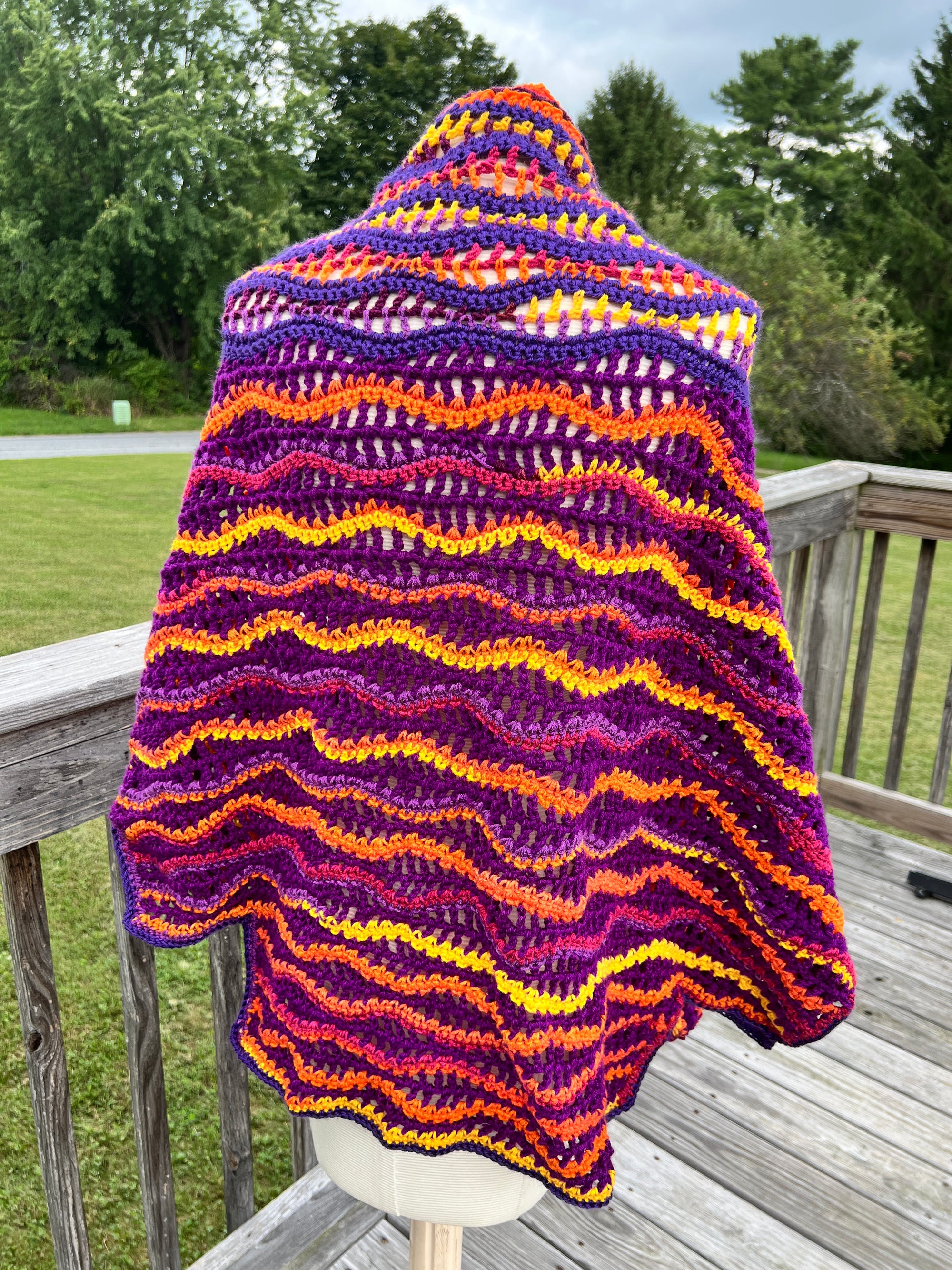Fall/Winter Crocheted Full Tiered Shawl Large/XL Purple Maroon Orange Yellow
