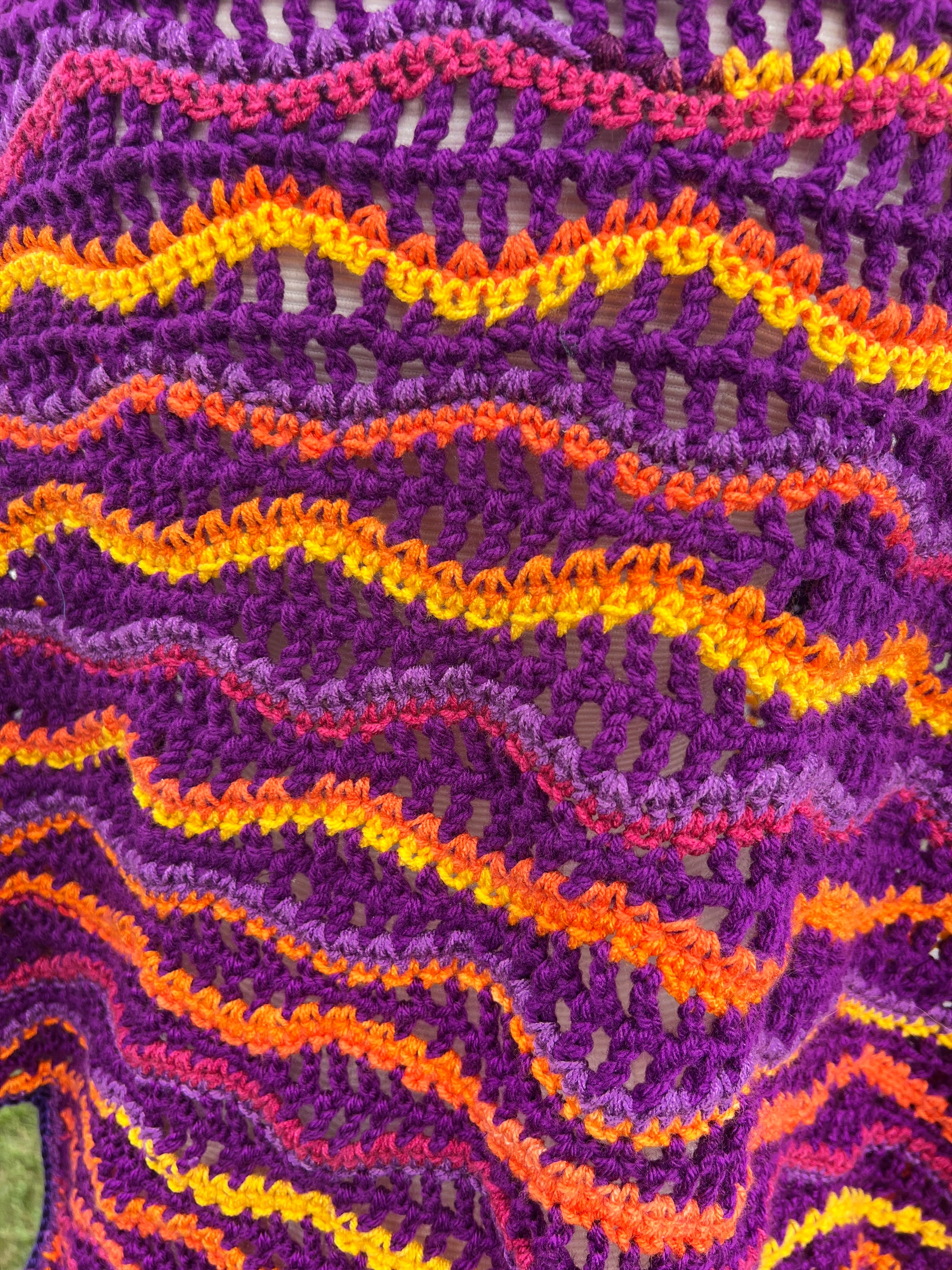 Fall/Winter Crocheted Full Tiered Shawl Large/XL Purple Maroon Orange Yellow