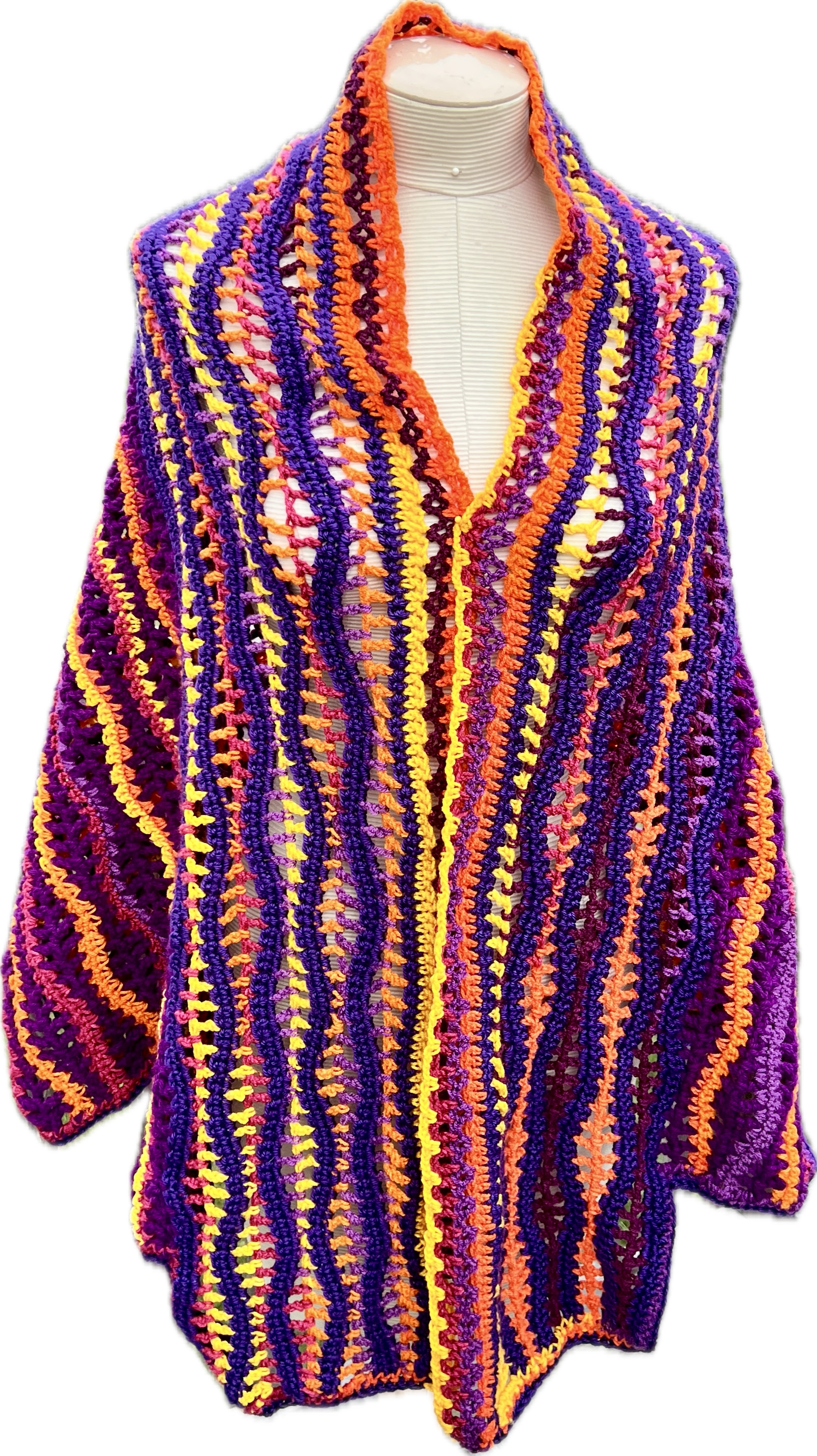 Fall/Winter Crocheted Full Tiered Shawl Large/XL Purple Maroon Orange Yellow