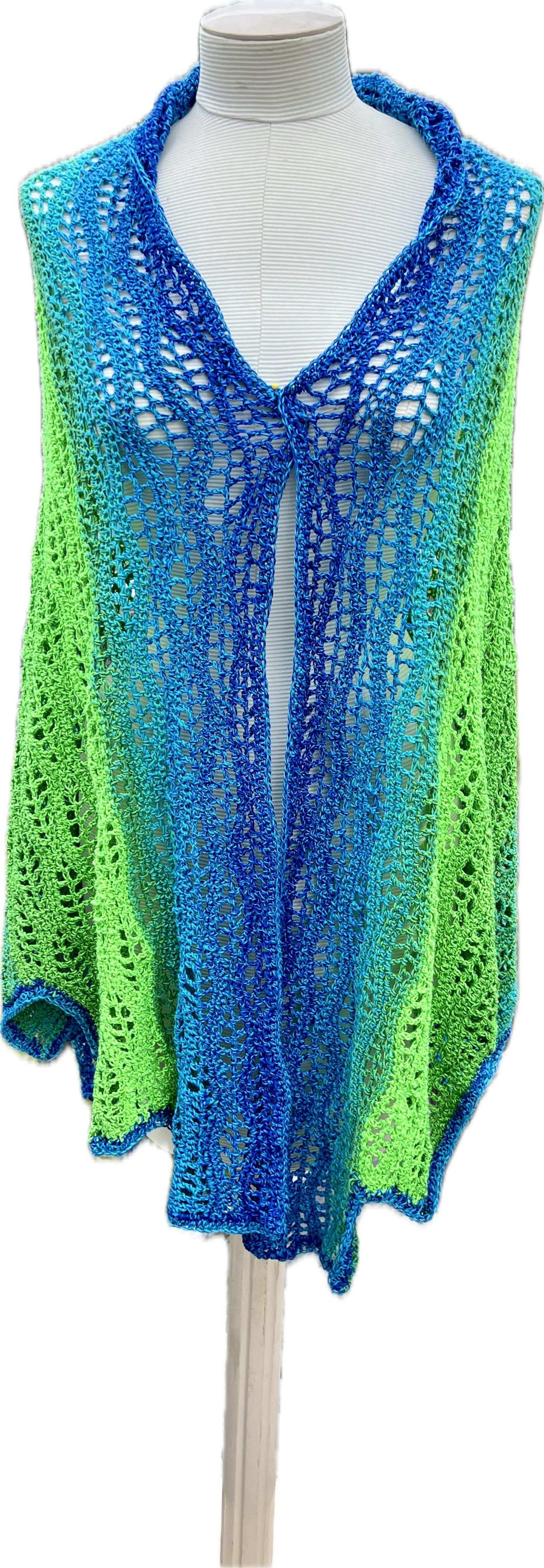 Summer Crocheted Full Tiered Shawl Large/XL Blue Turquoise Greens