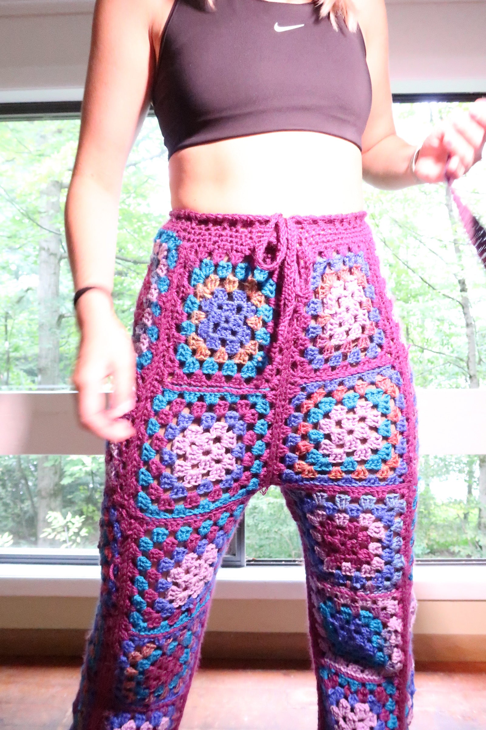 Crochet granny Square Pants in Purple and Blue GlowGirl Fibers