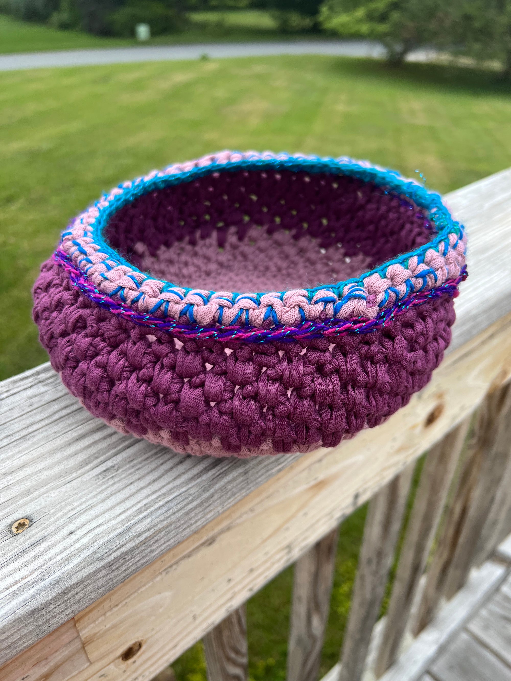 Medium Crocheted Basket Muted Rose and Lavender with Blue Accent