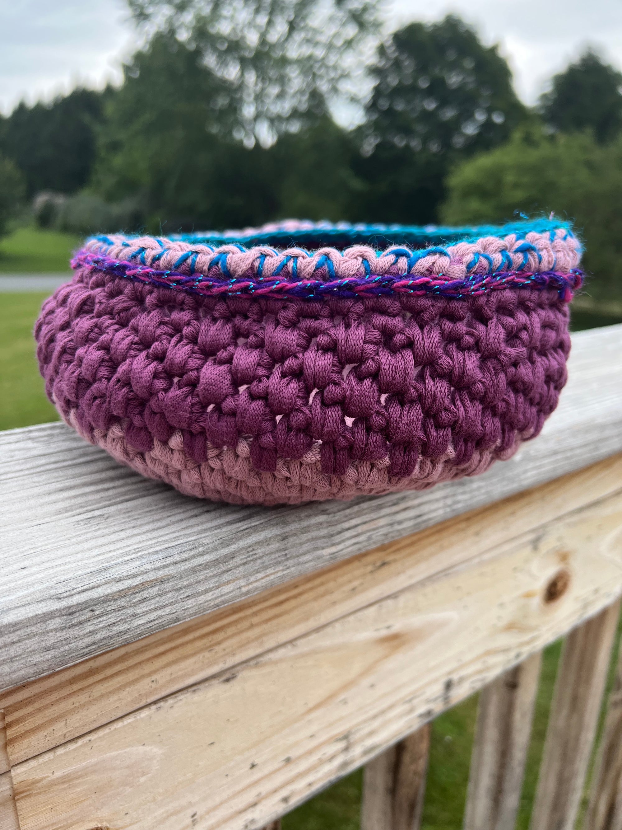 Medium Crocheted Basket Muted Rose and Lavender with Blue Accent