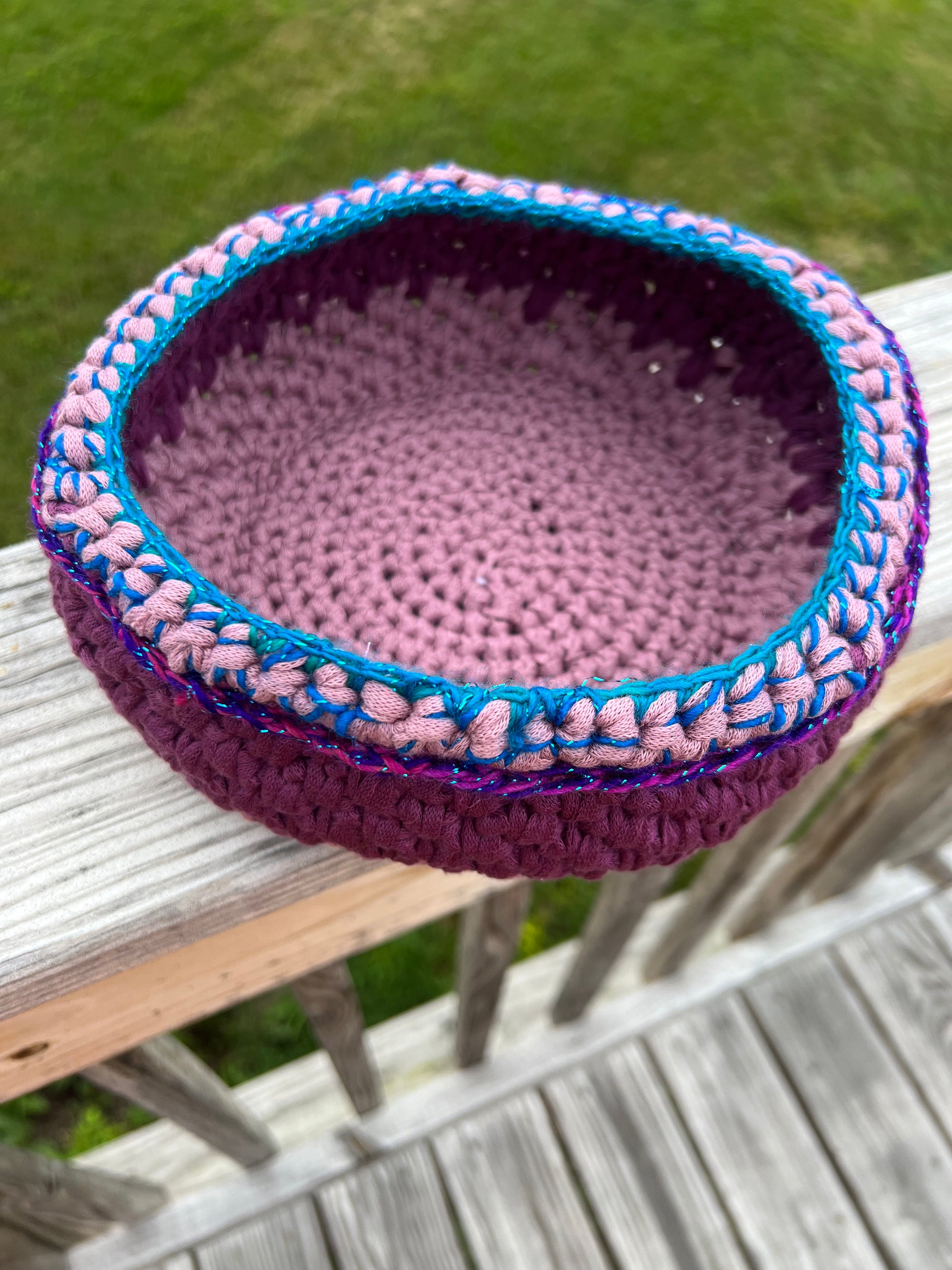 Medium Crocheted Basket Muted Rose and Lavender with Blue Accent