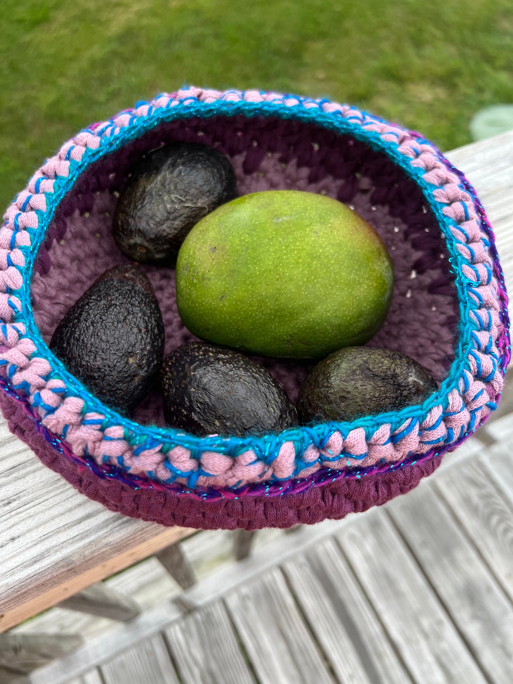 Medium Crocheted Basket Muted Rose and Lavender with Blue Accent