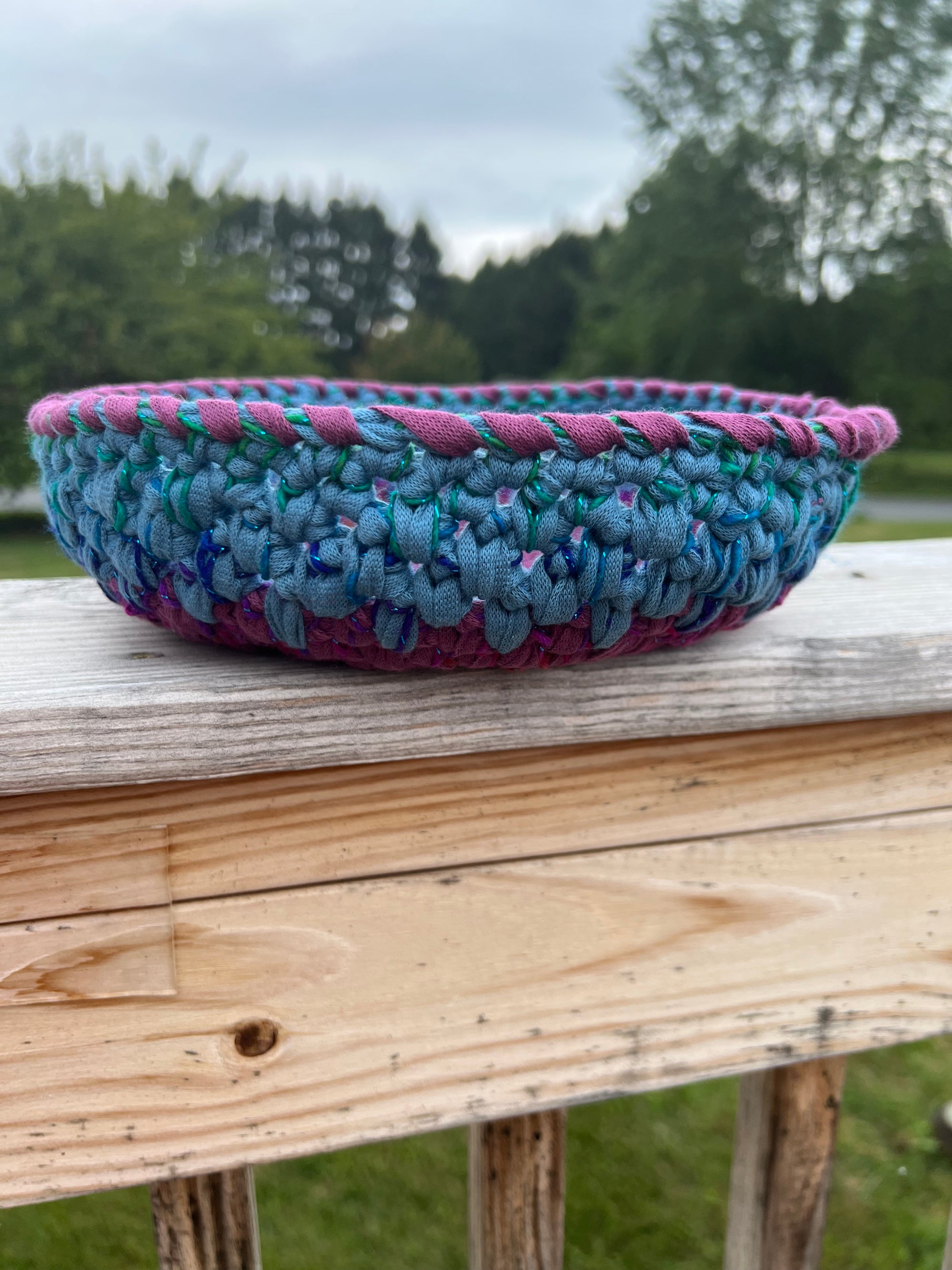 Medium Crocheted Basket Muted Rose and Blue with Sparkle