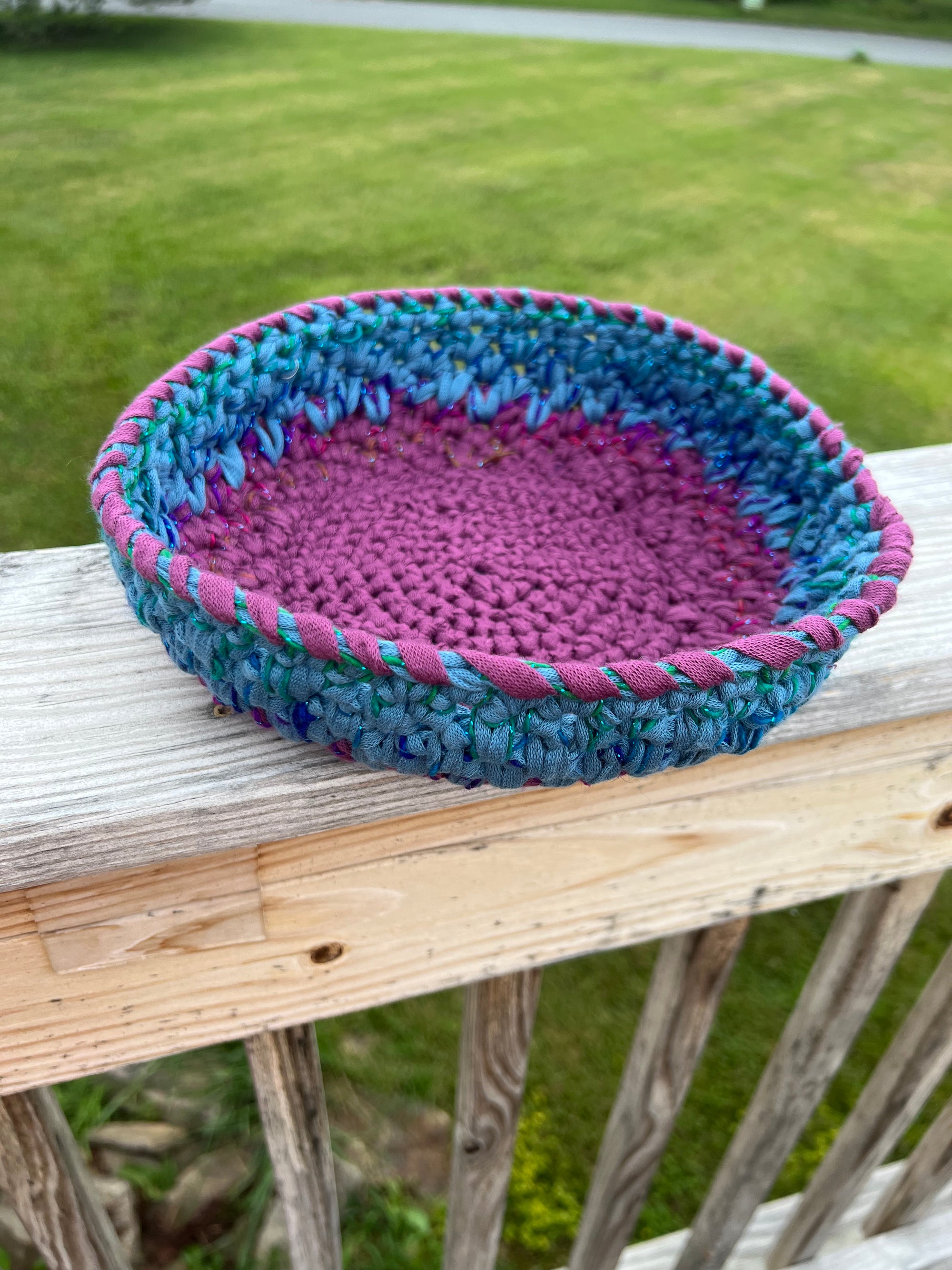 Medium Crocheted Basket Muted Rose and Blue with Sparkle