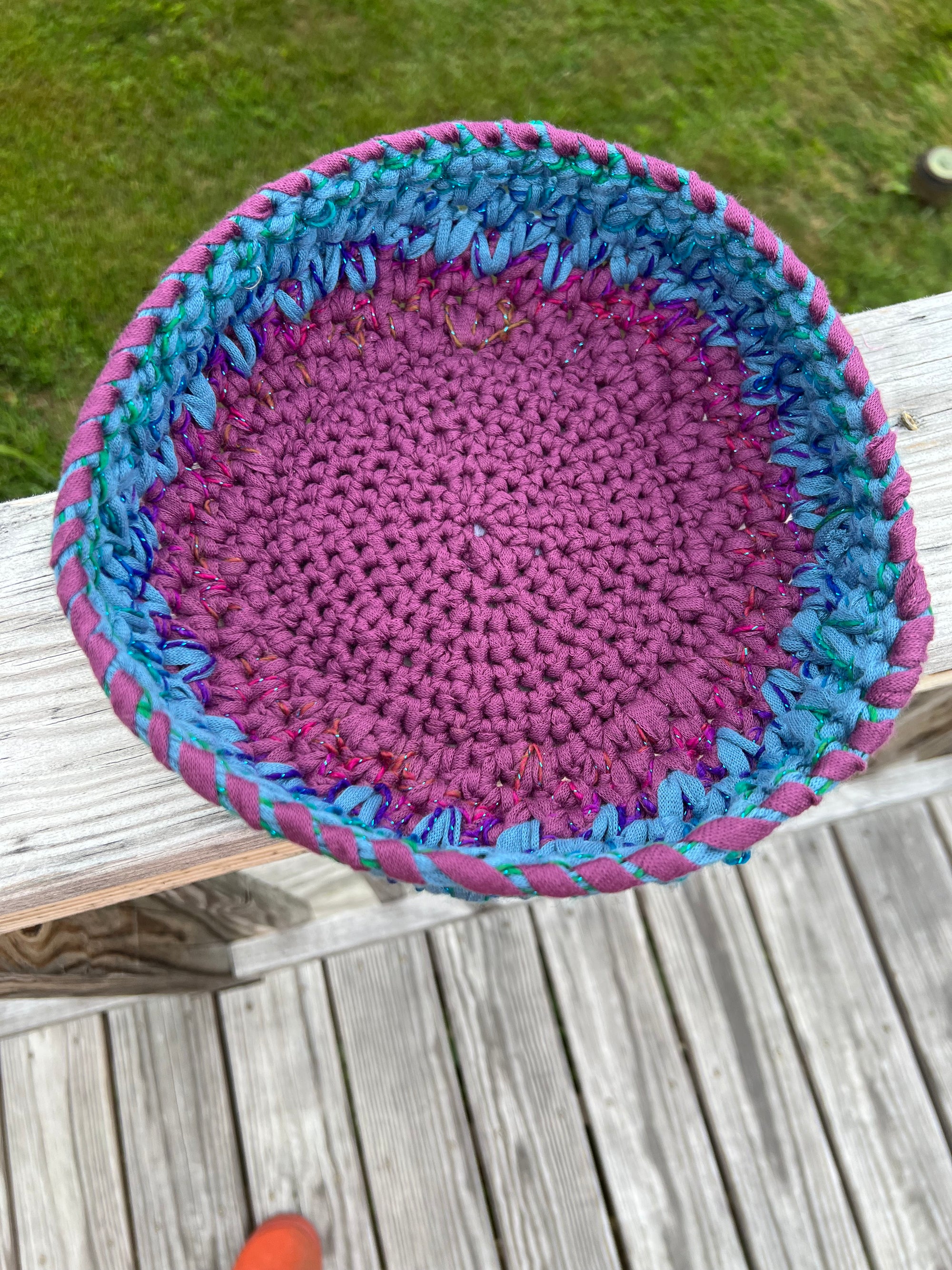 Medium Crocheted Basket Muted Rose and Blue with Sparkle