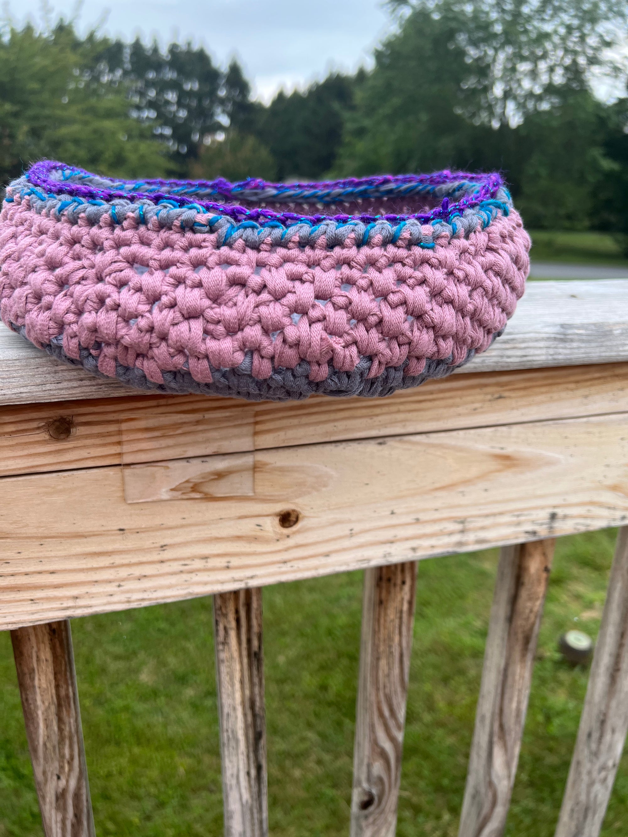 Large Crocheted Basket Muted Rose and Gray with Purple Accent