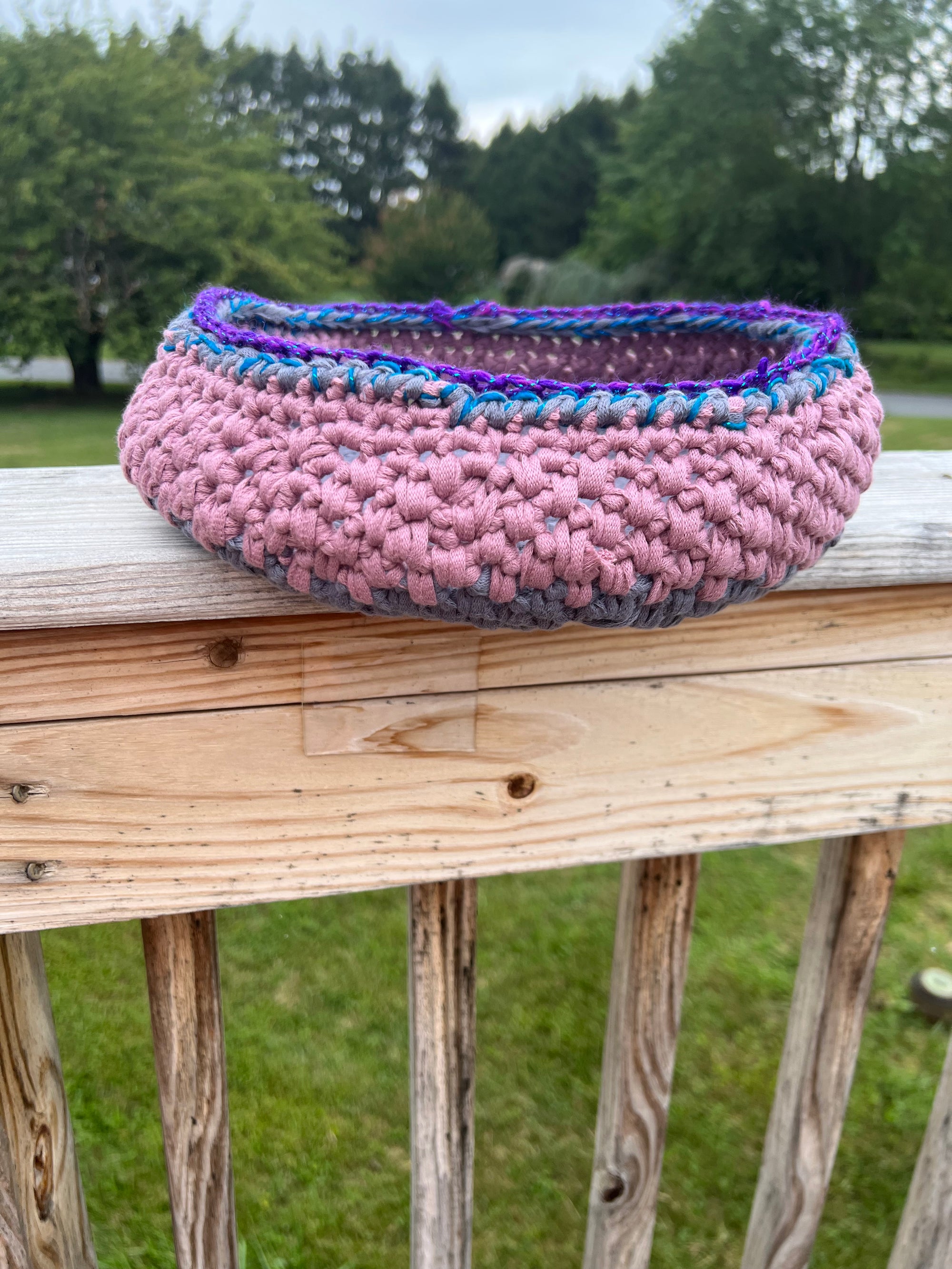 Large Crocheted Basket Muted Rose and Gray with Purple Accent