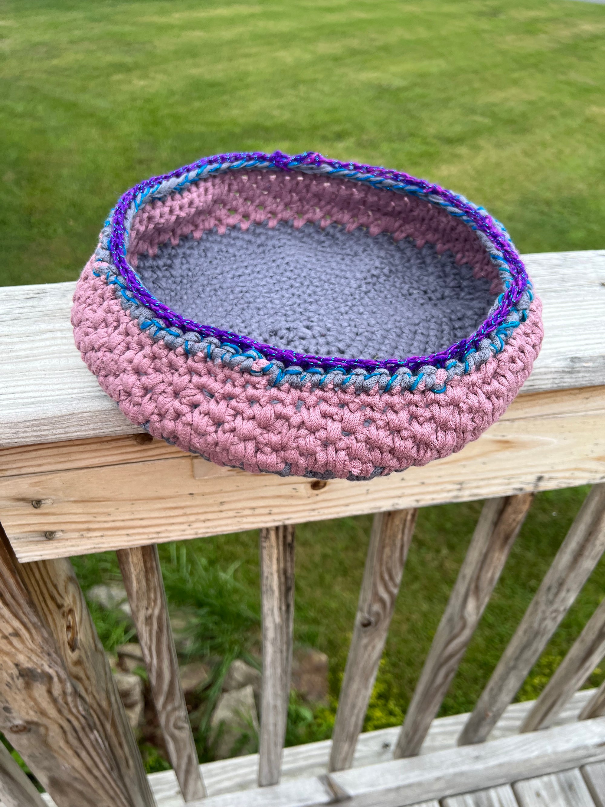Large Crocheted Basket Muted Rose and Gray with Purple Accent