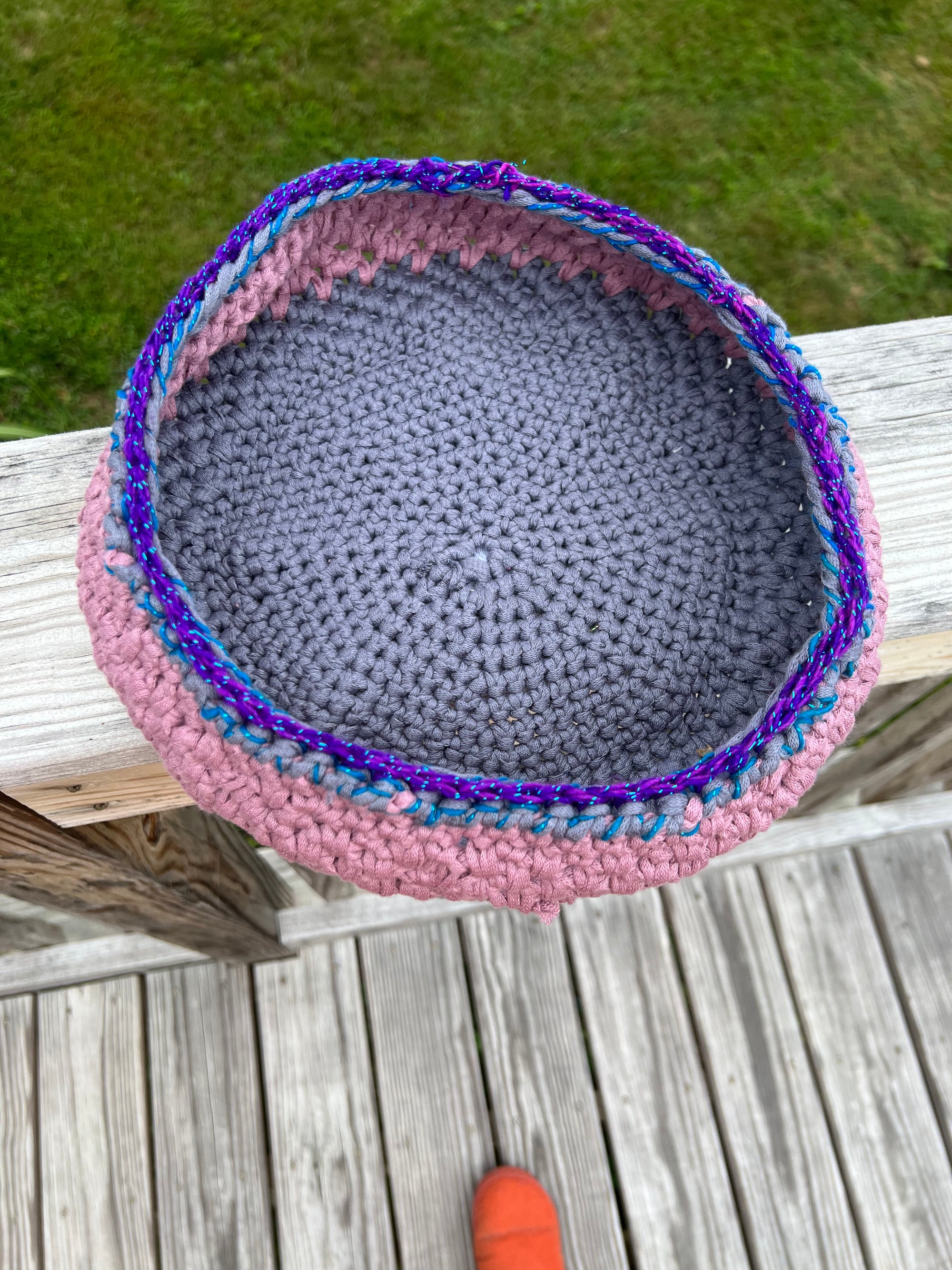 Large Crocheted Basket Muted Rose and Gray with Purple Accent