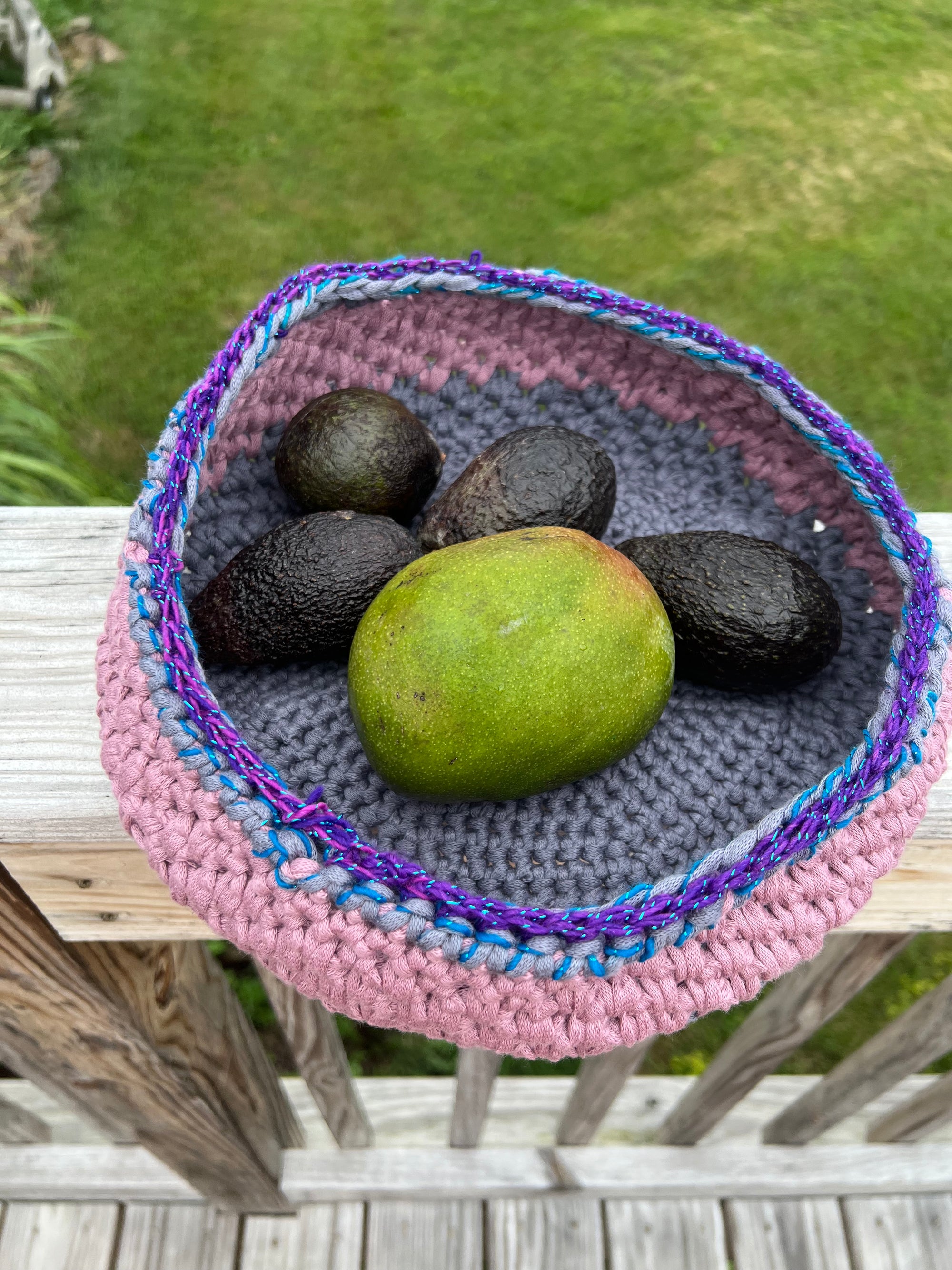 Large Crocheted Basket Muted Rose and Gray with Purple Accent
