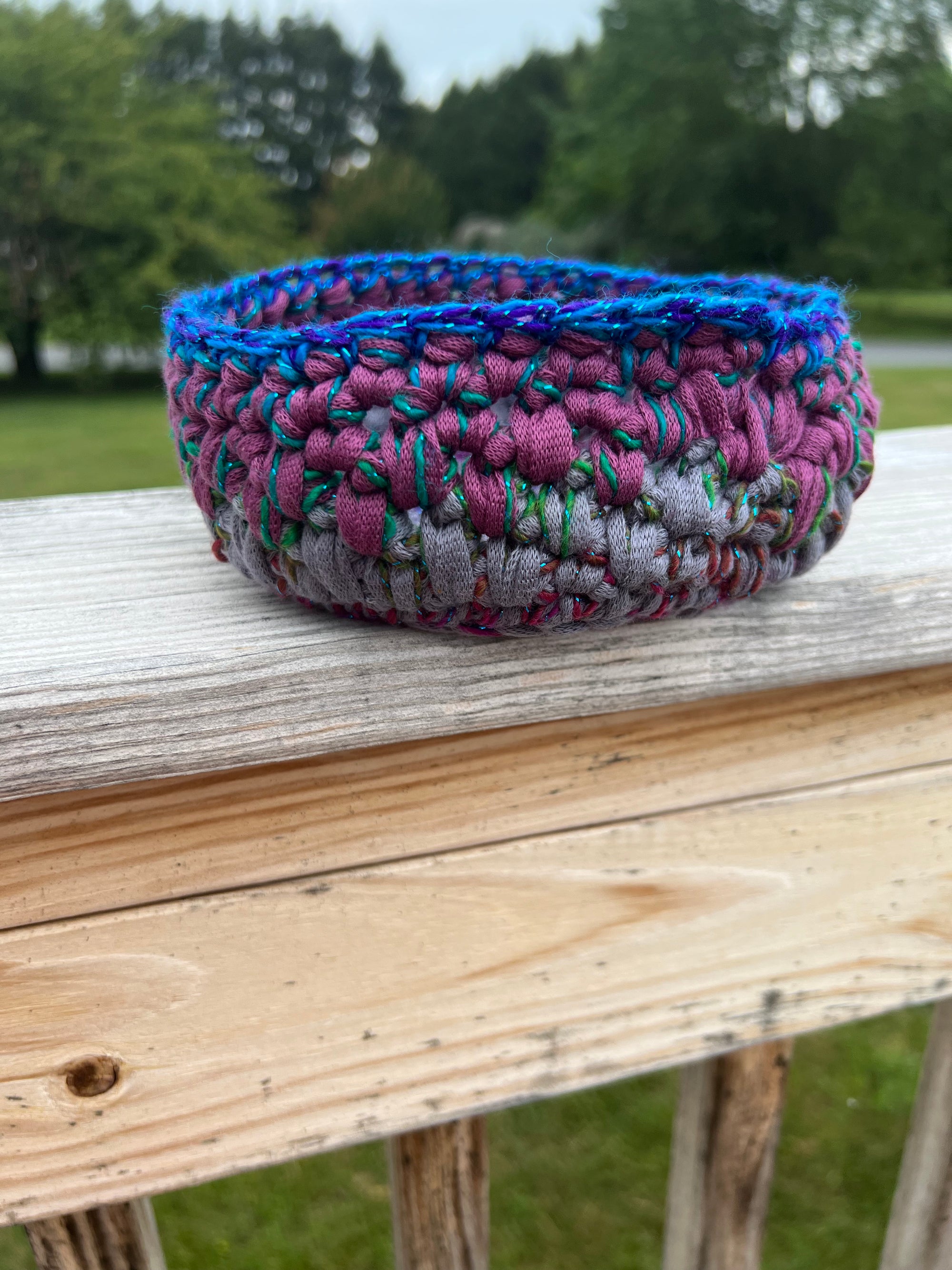 Small Crocheted Basket Muted Rose and Gray with Blue Sparkle