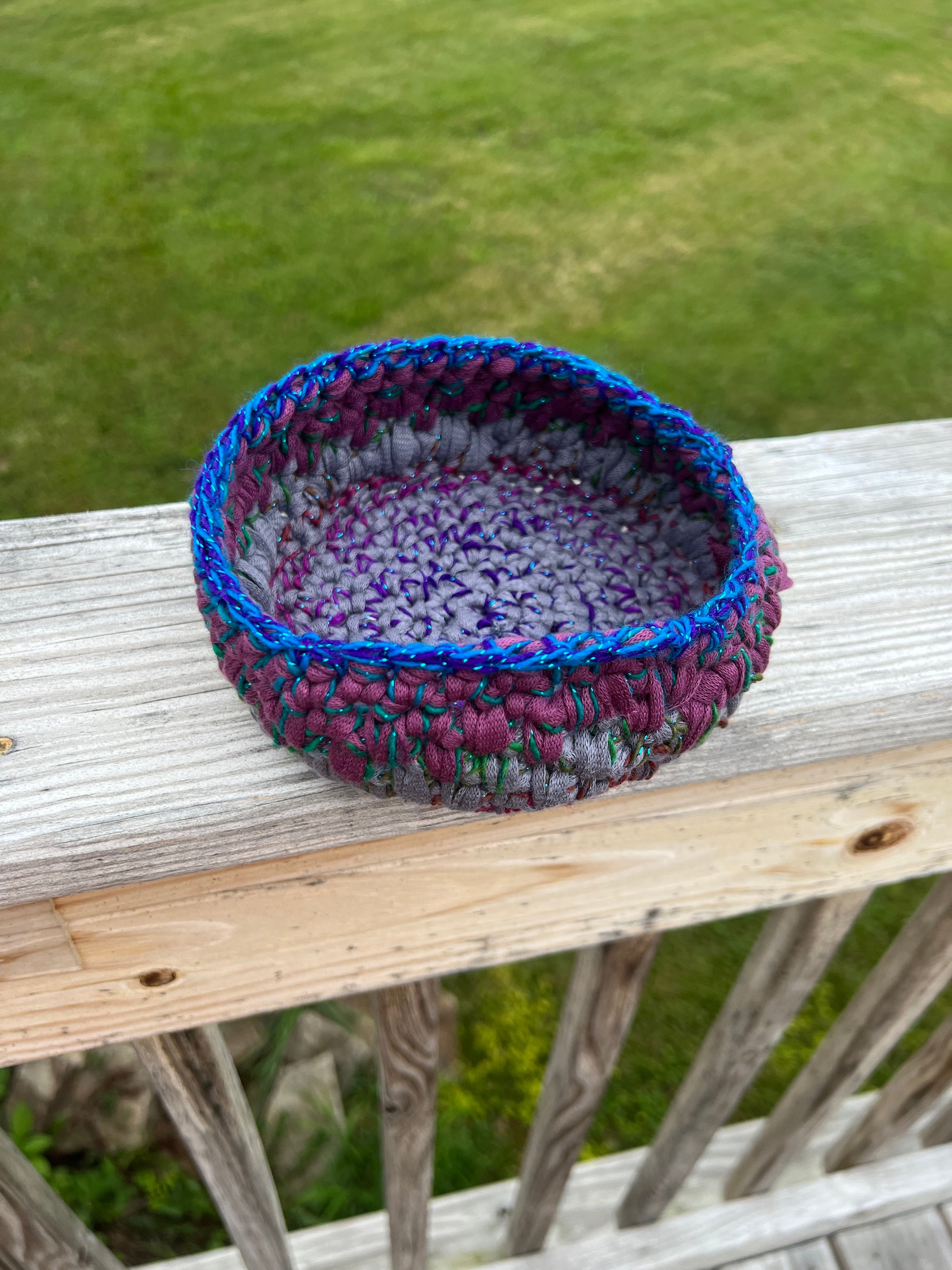 Small Crocheted Basket Muted Rose and Gray with Blue Sparkle