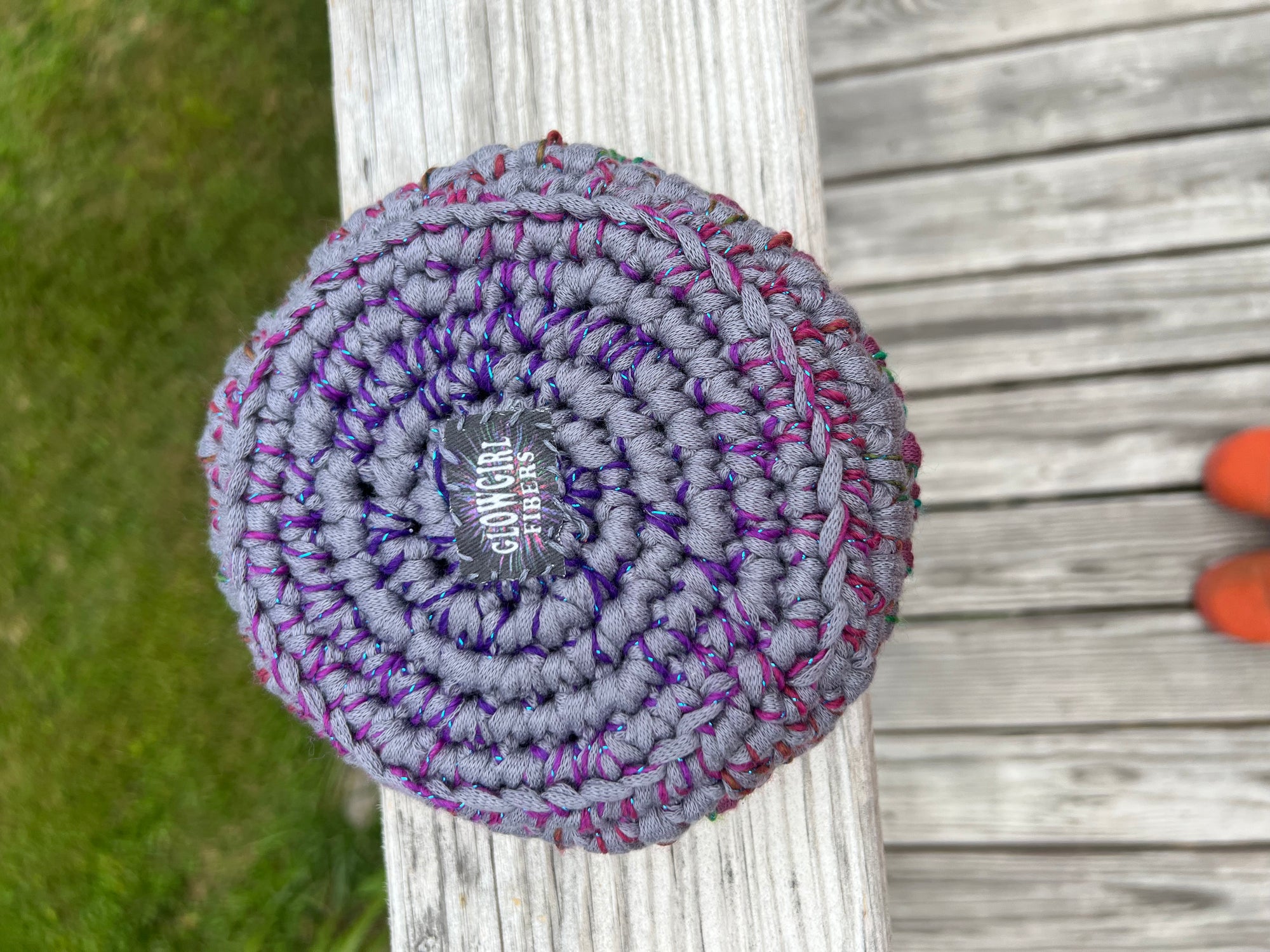 Small Crocheted Basket Muted Rose and Gray with Blue Sparkle