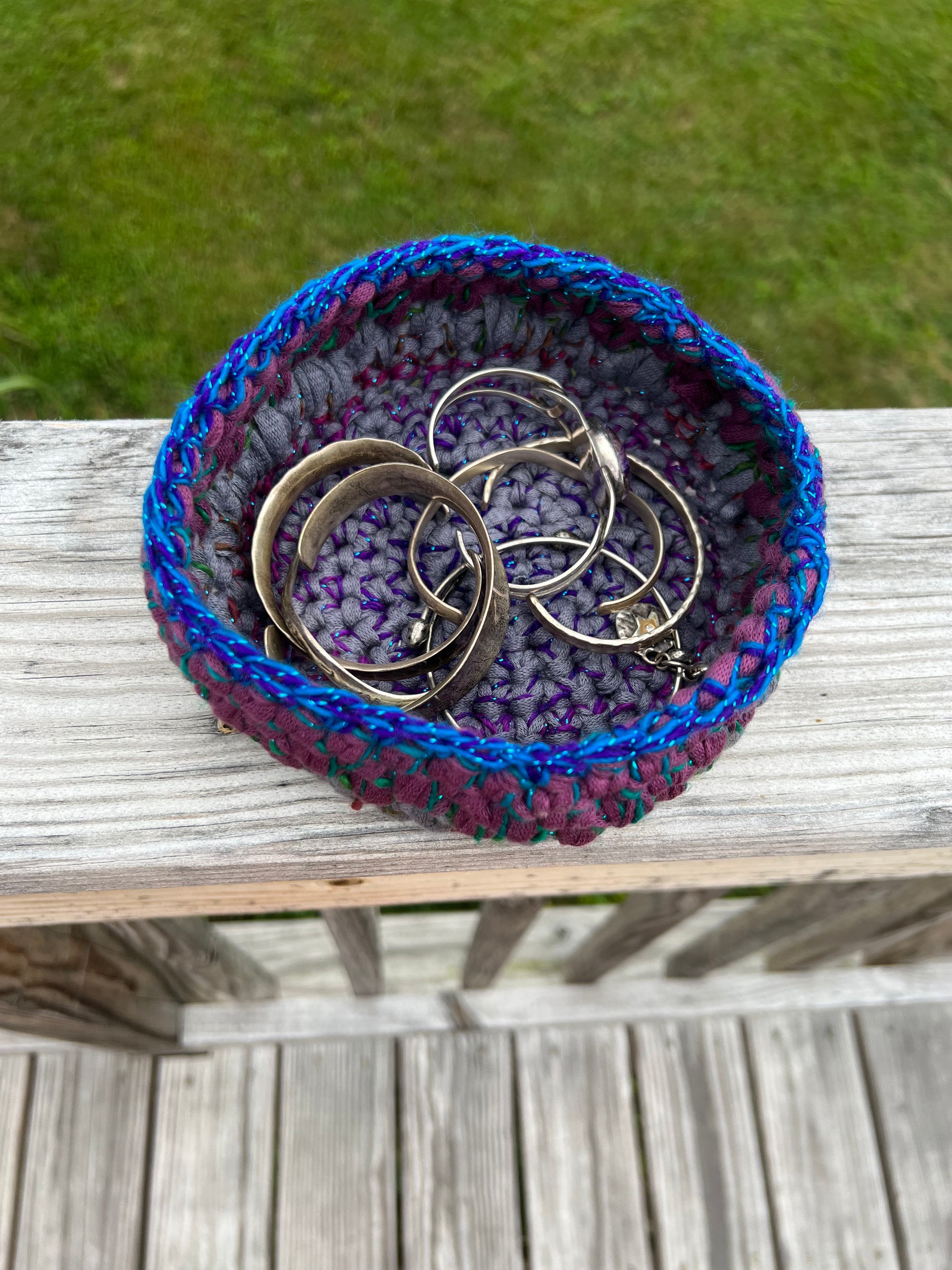 Small Crocheted Basket Muted Rose and Gray with Blue Sparkle