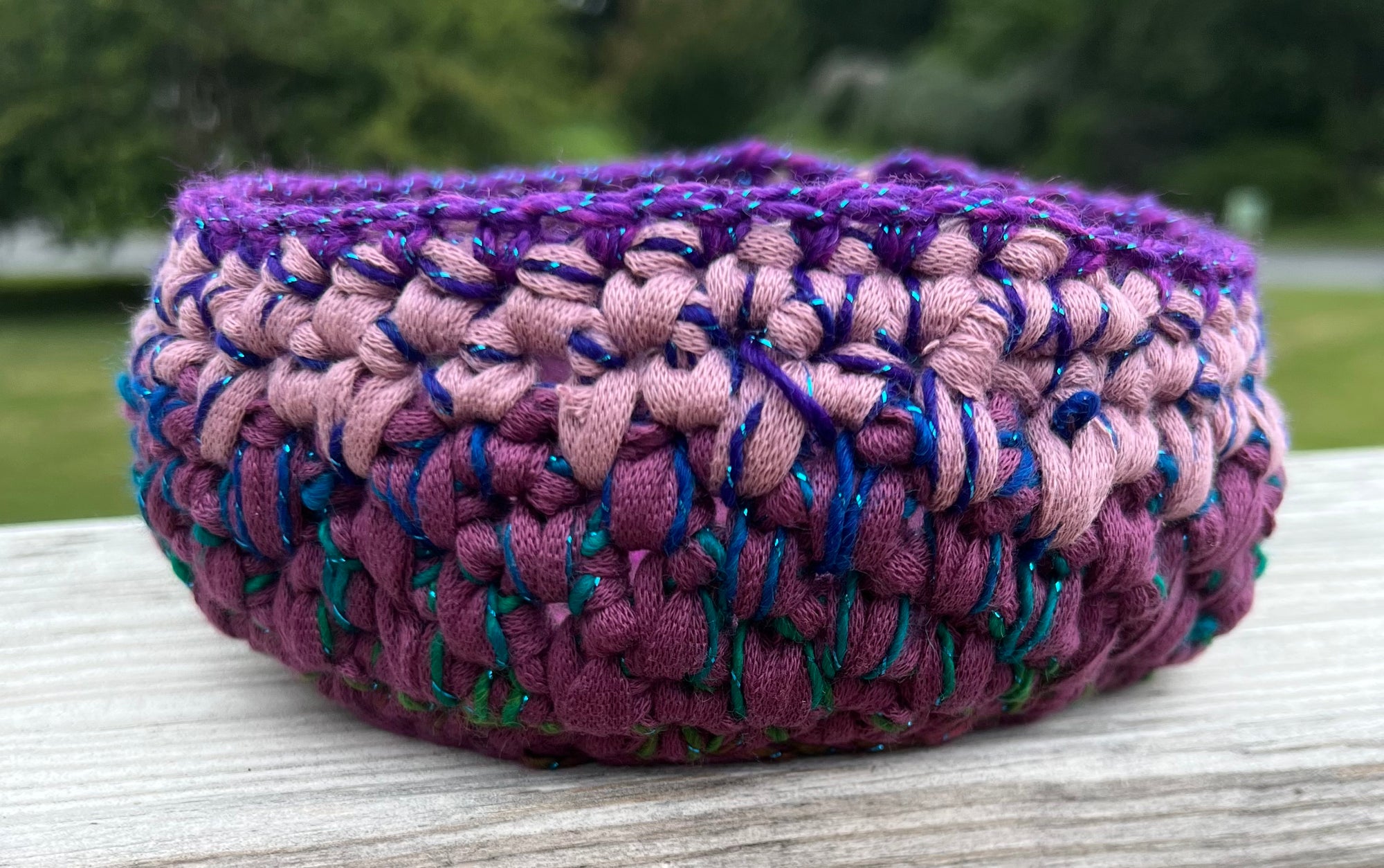 Small Crocheted Basket Muted Rose, Lavender and pop of Purple