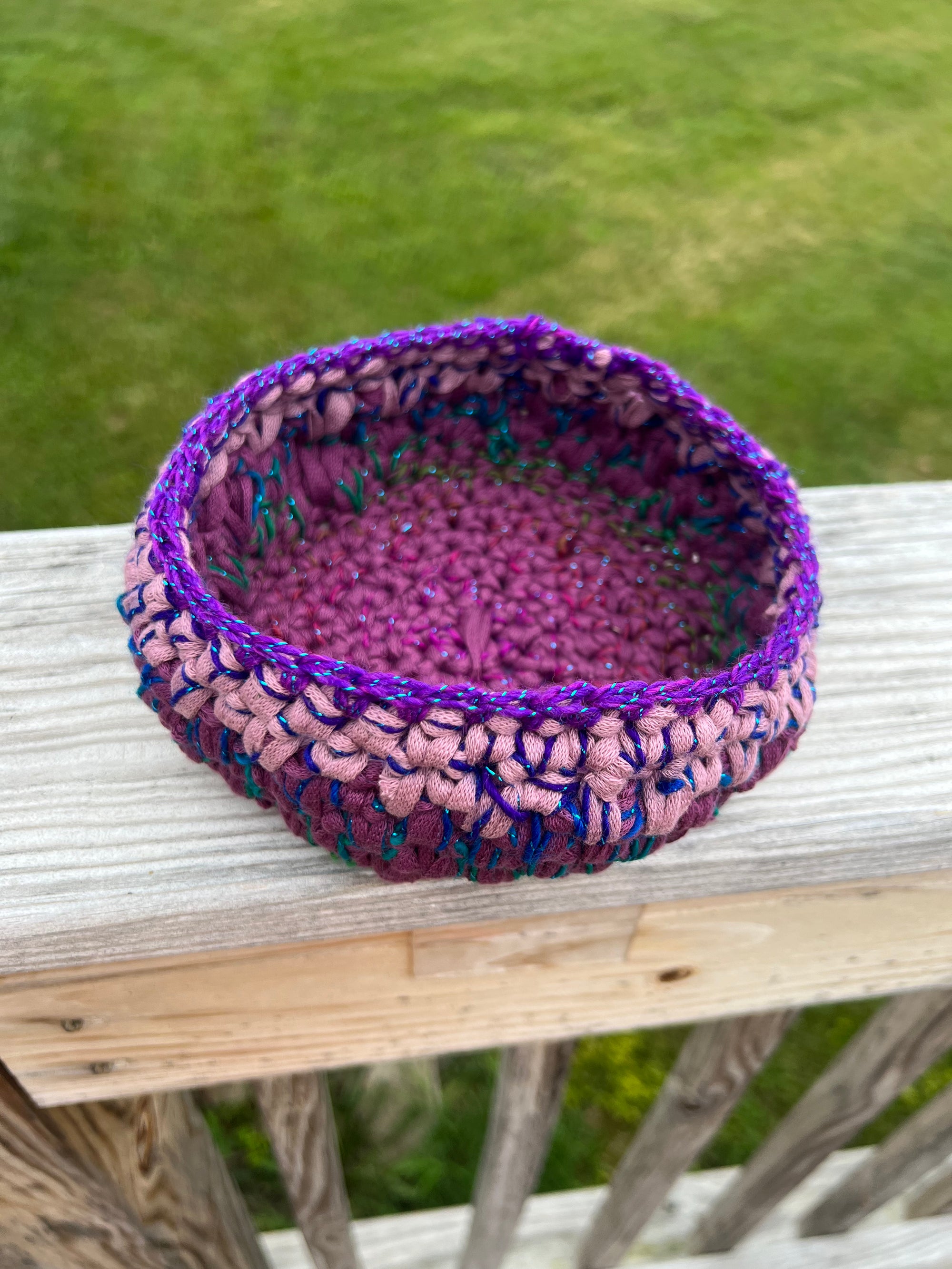 Small Crocheted Basket Muted Rose, Lavender and pop of Purple