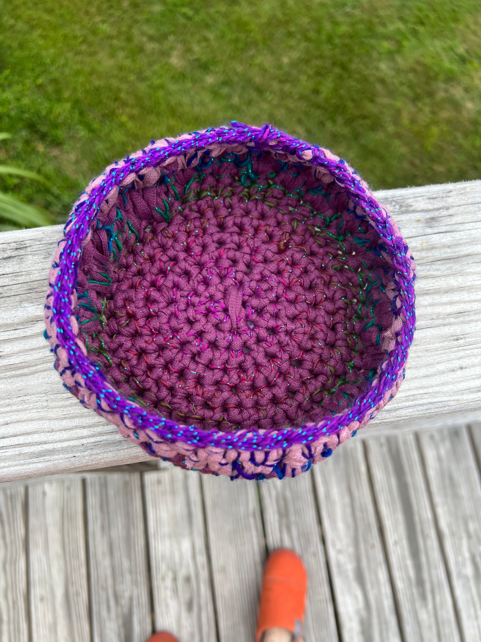 Small Crocheted Basket Muted Rose, Lavender and pop of Purple