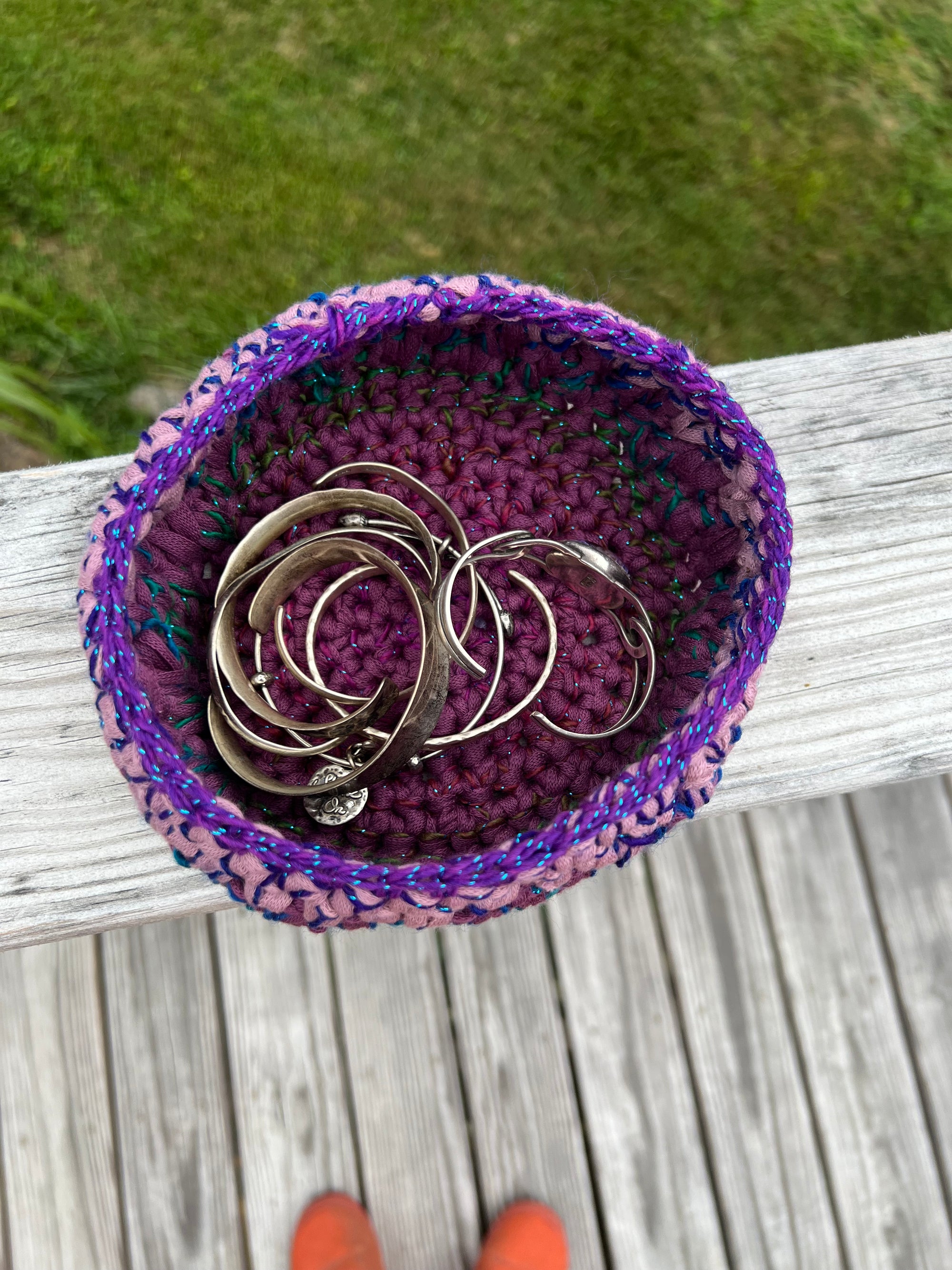 Small Crocheted Basket Muted Rose, Lavender and pop of Purple