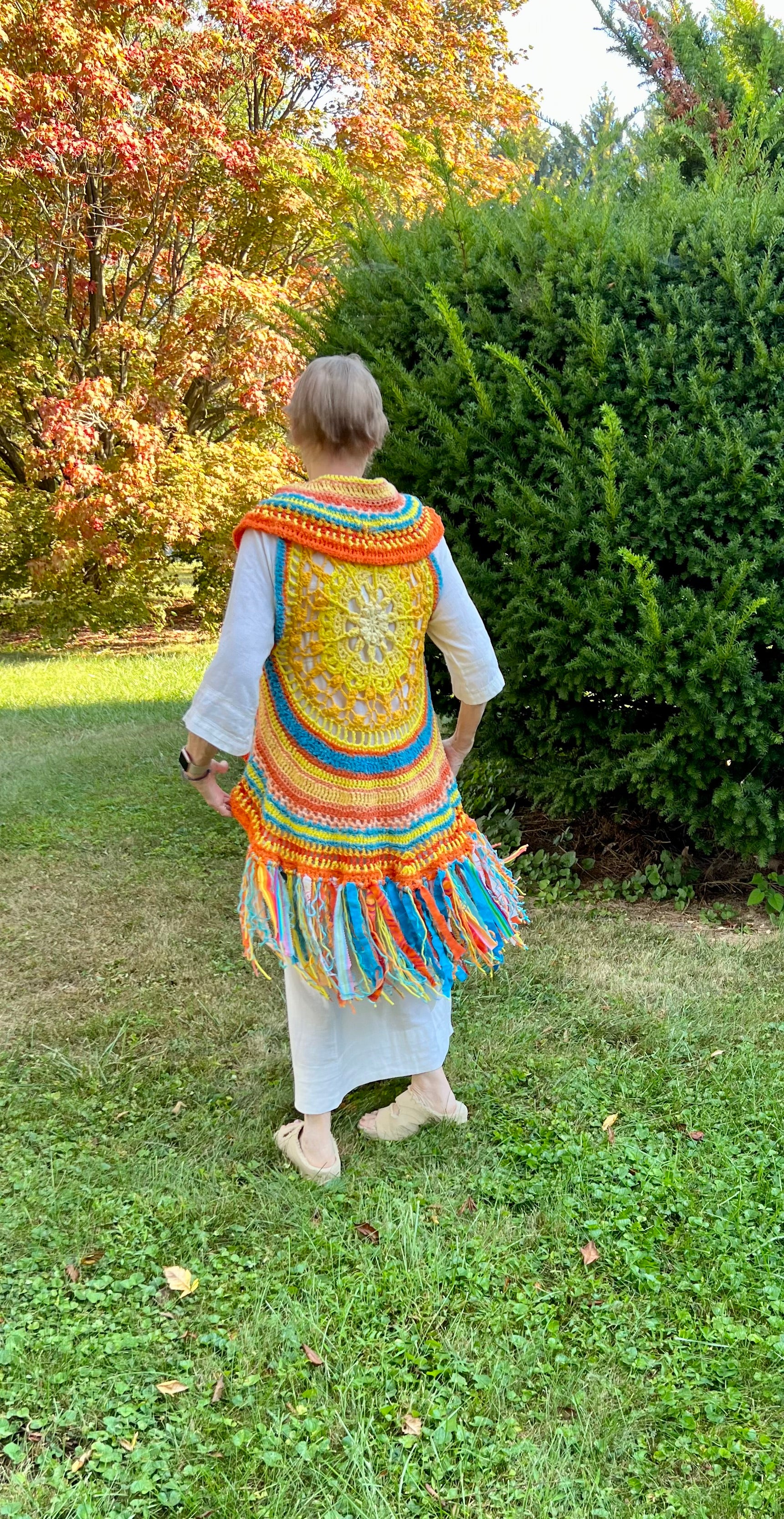 Fae Vest Bright Sunshine Yellow Orange and Turquoise with fringe