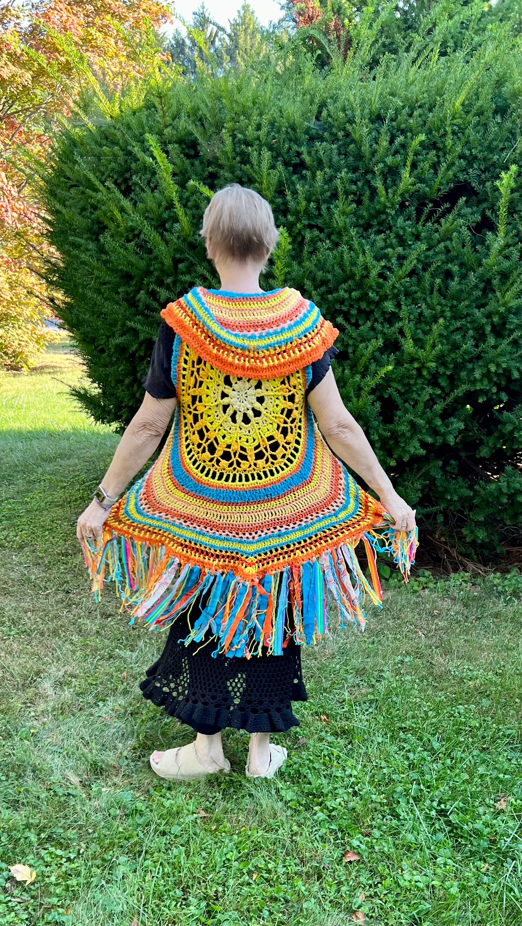 Fae Vest Bright Sunshine Yellow Orange and Turquoise with fringe