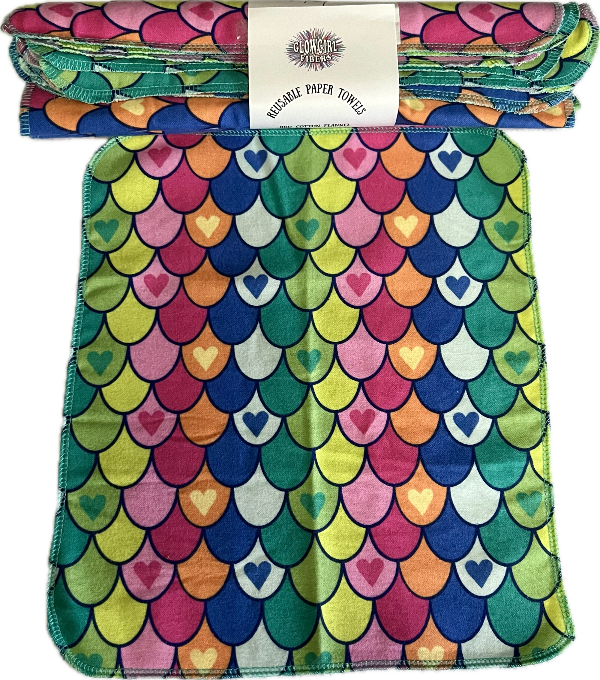 Non Paper Towels Large 10x12 Full size Sheets Set of 6  - Bright Mermaid Scales with Hearts