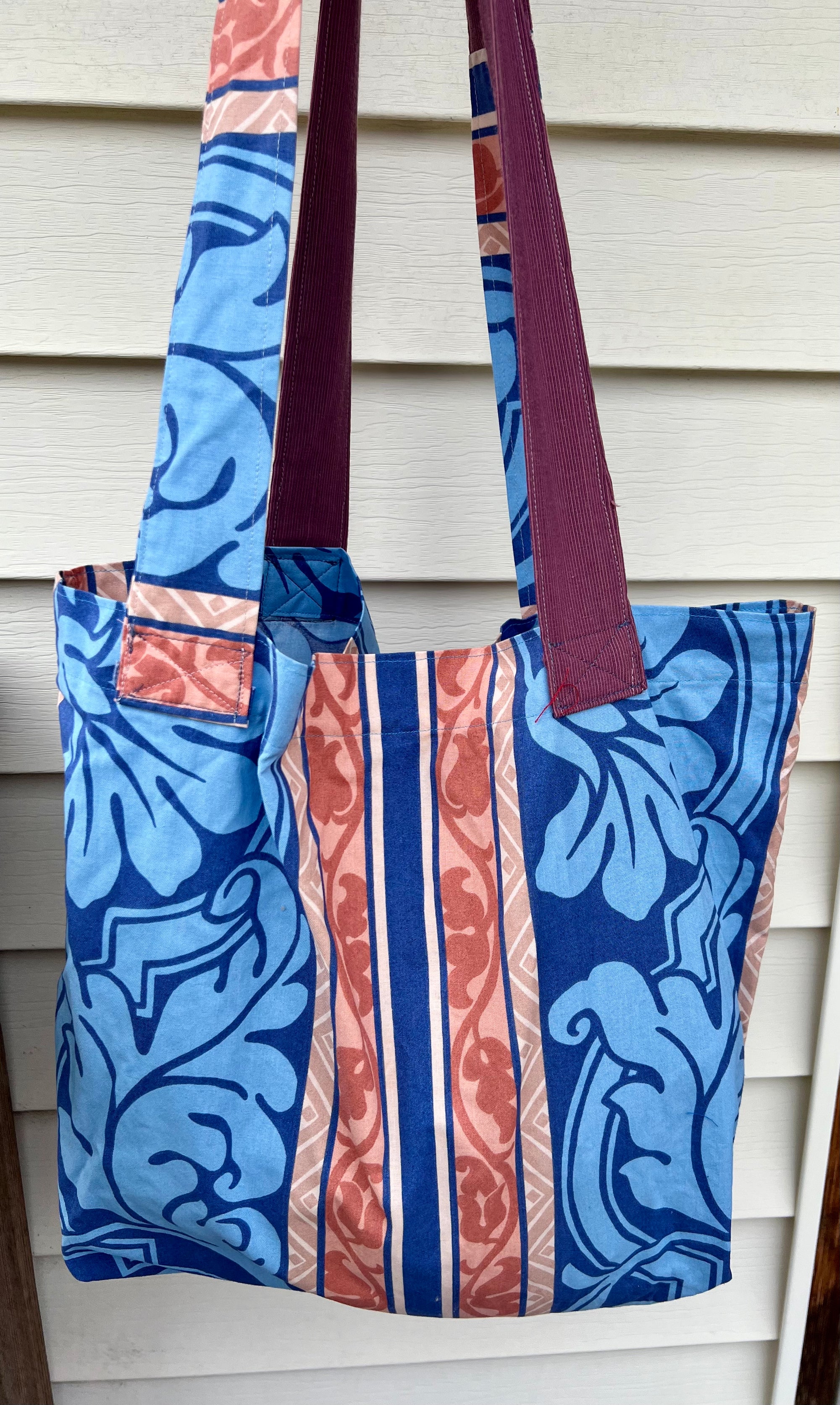 Market Grocery Tote Bag Blue Peach Large Print Damask