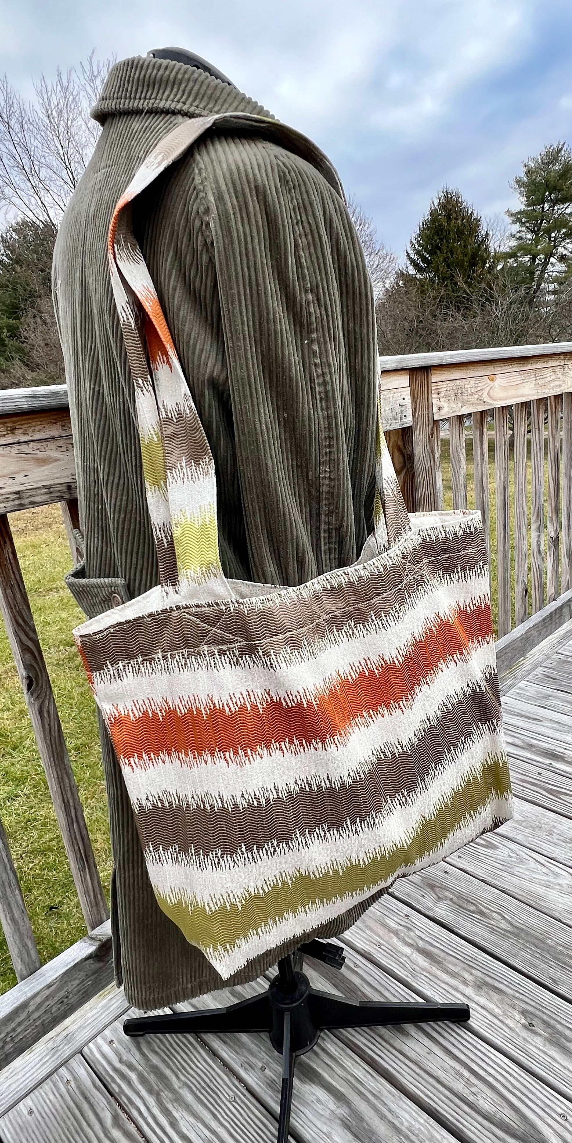Market Grocery Tote Bag Olive Rust Tan Wavy Stripes