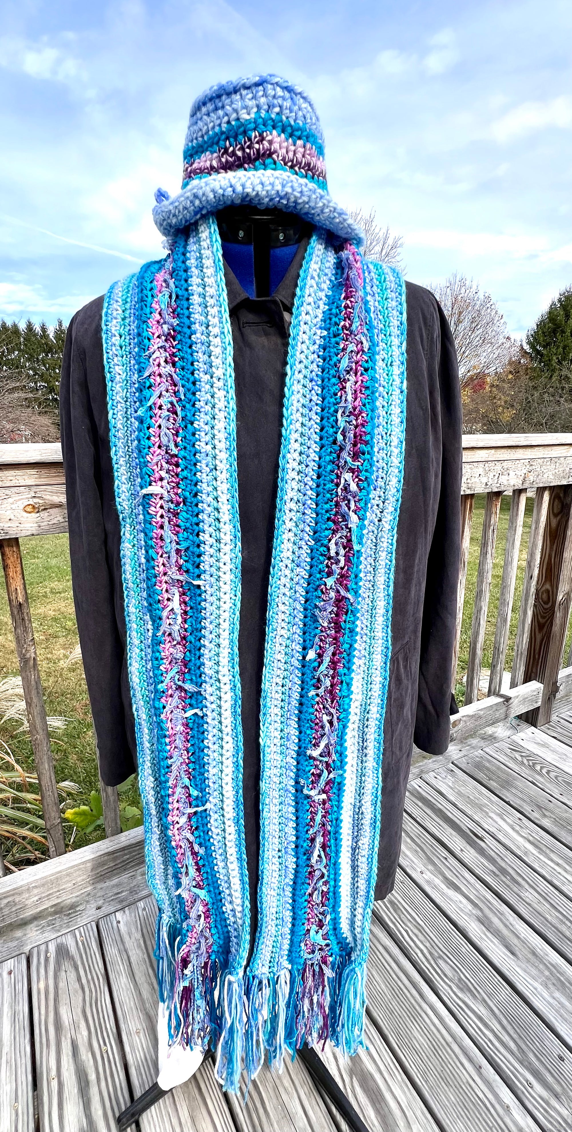 Extra Long Scarf and Hat Set - Blues with Purple Accent