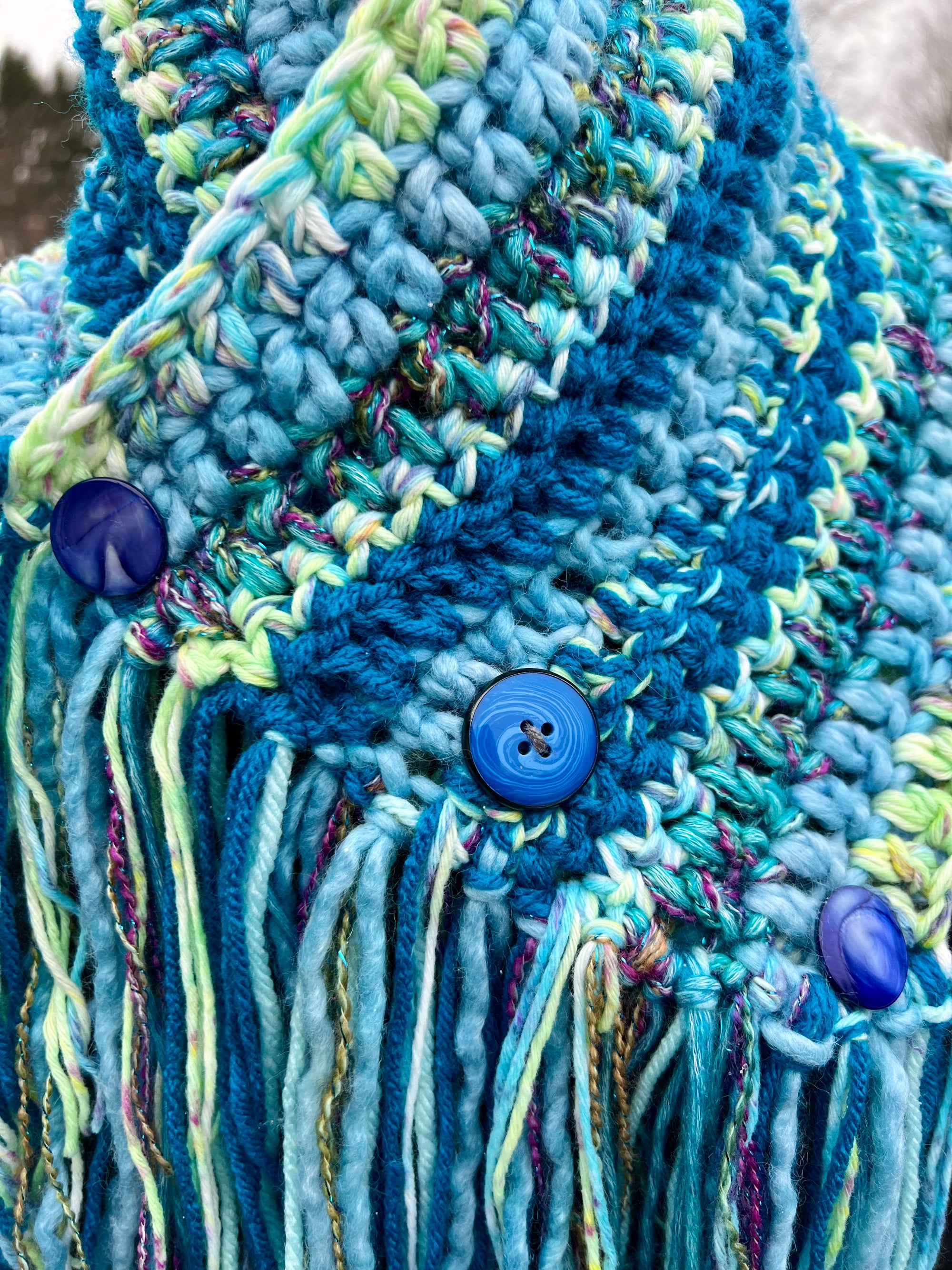 Cowl Neck Warmer with Buttons and Fringe in Blues