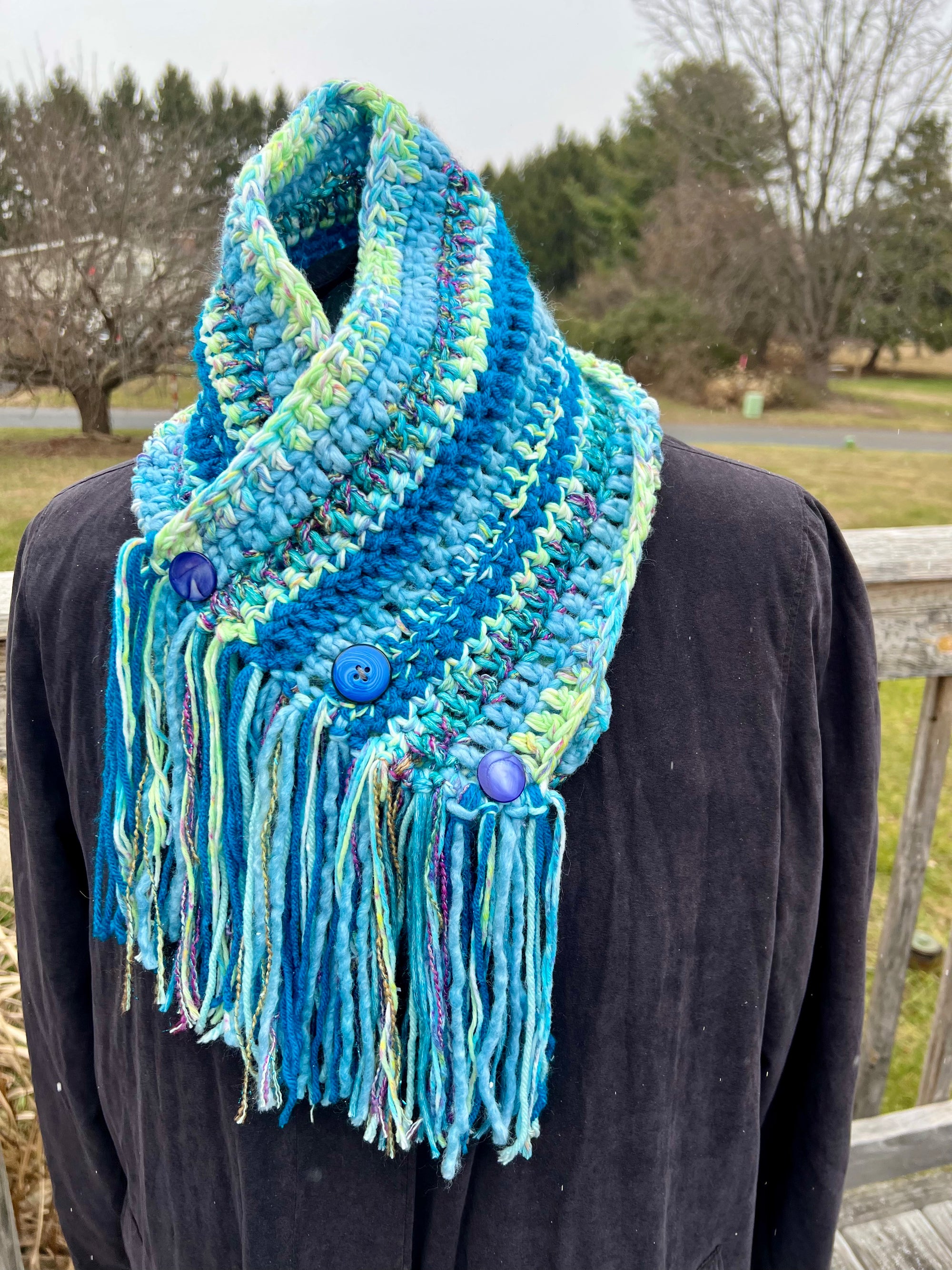 Cowl Neck Warmer with Buttons and Fringe in Blues