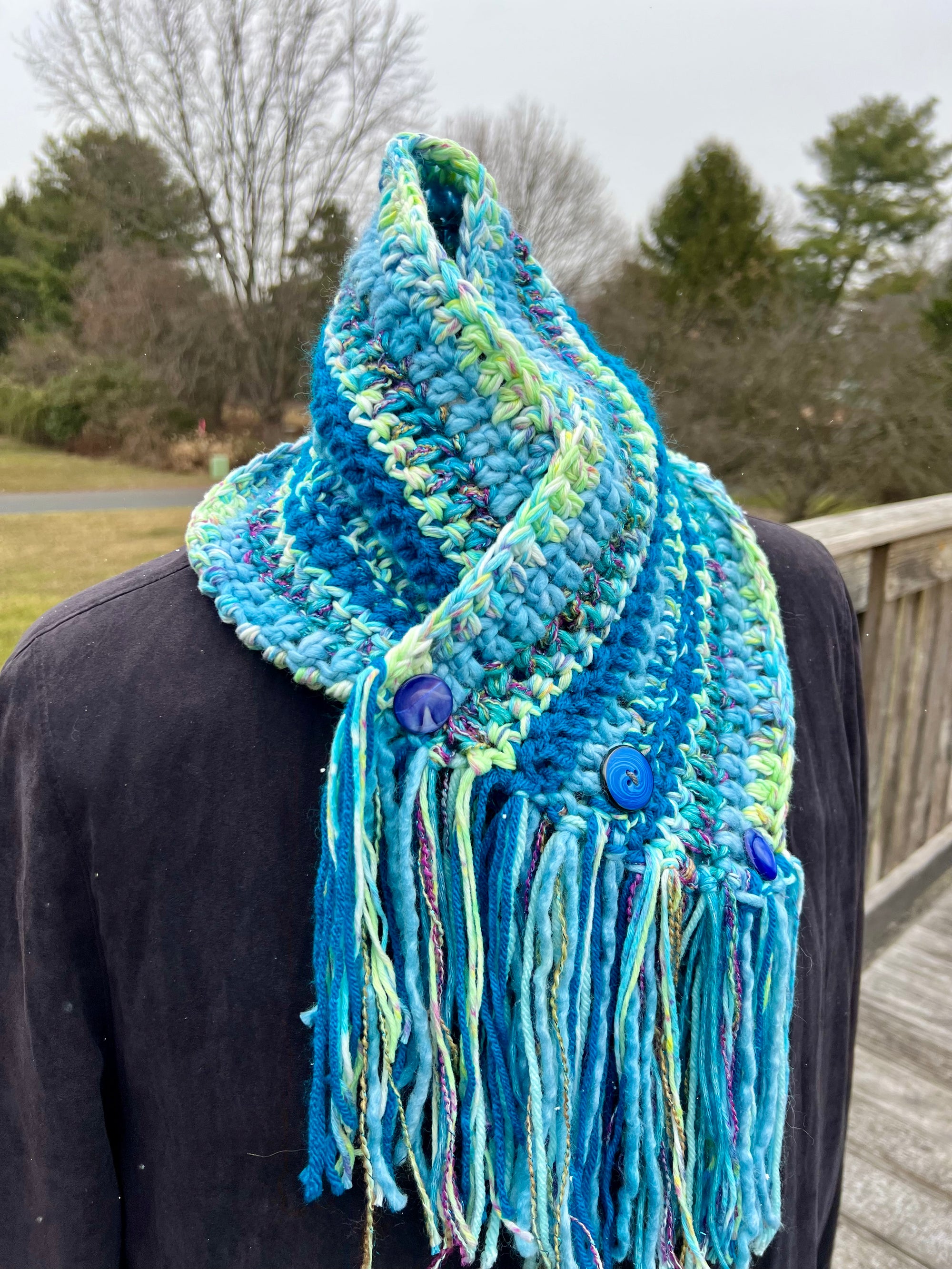 Cowl Neck Warmer with Buttons and Fringe in Blues