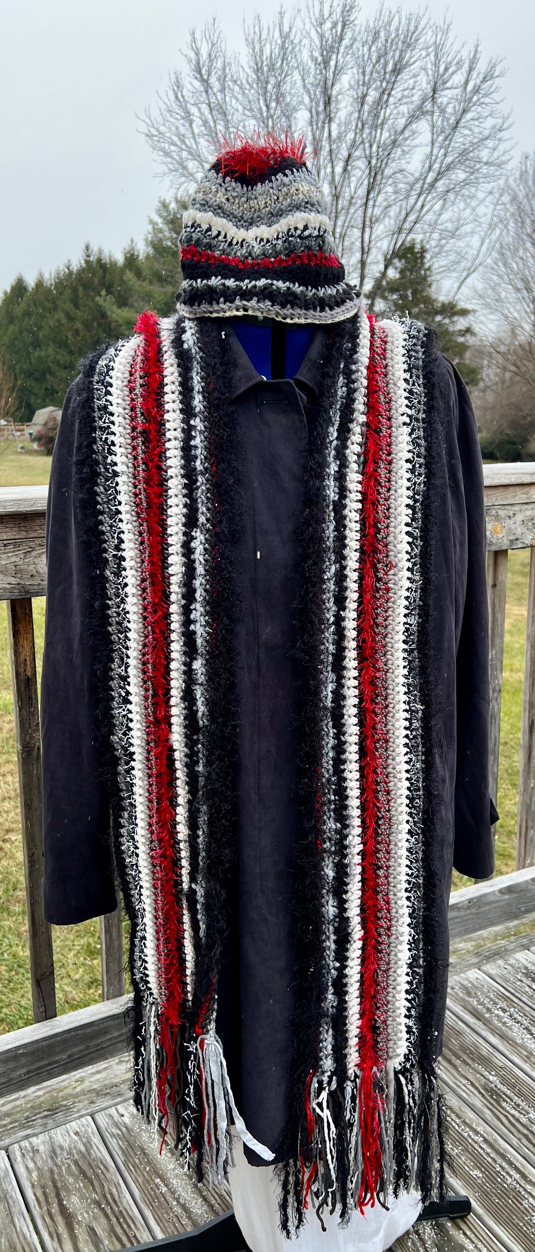 Scarf and Hat Set - Black Gray and a pop of Red
