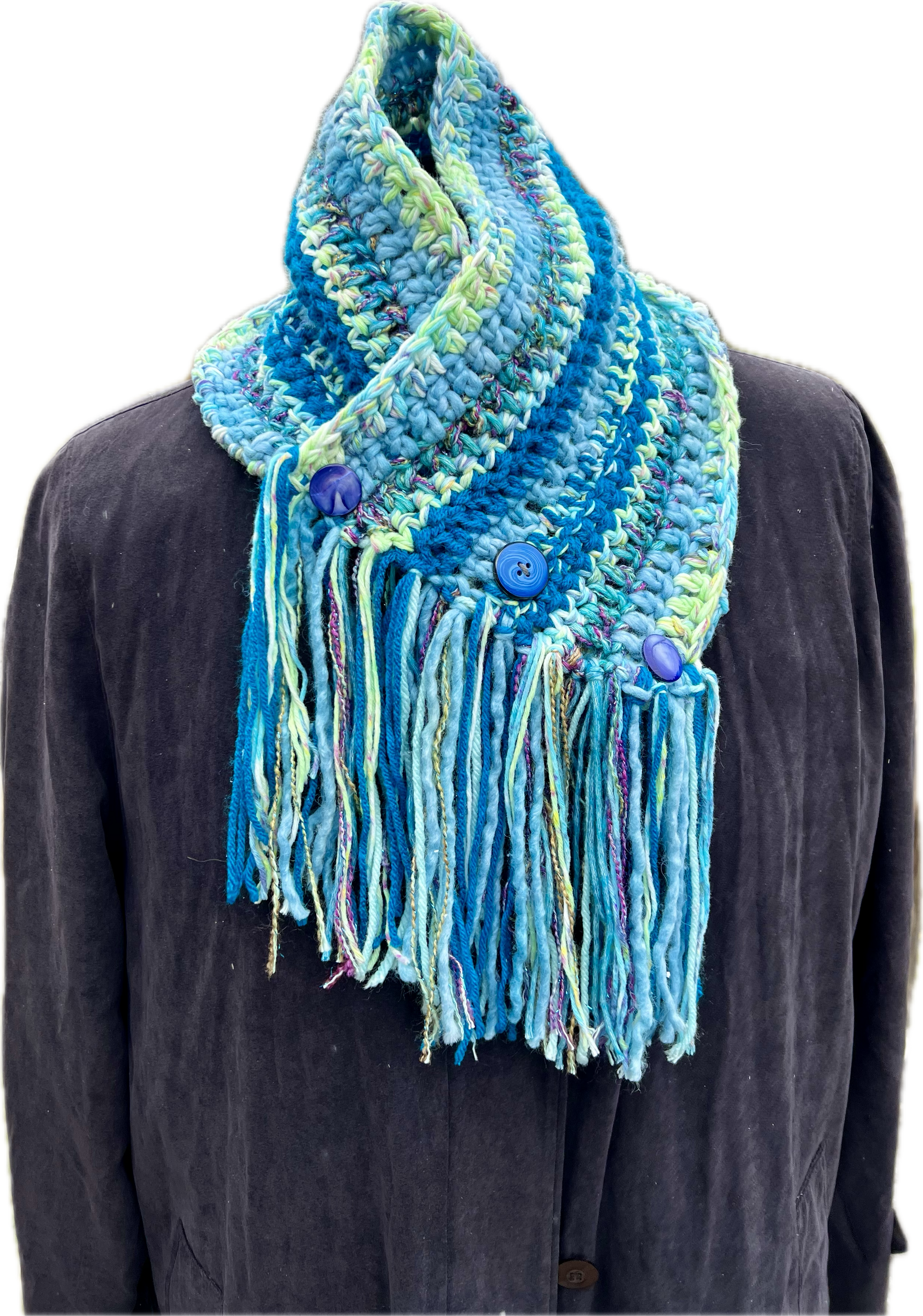 Cowl Neck Warmer with Buttons and Fringe in Blues