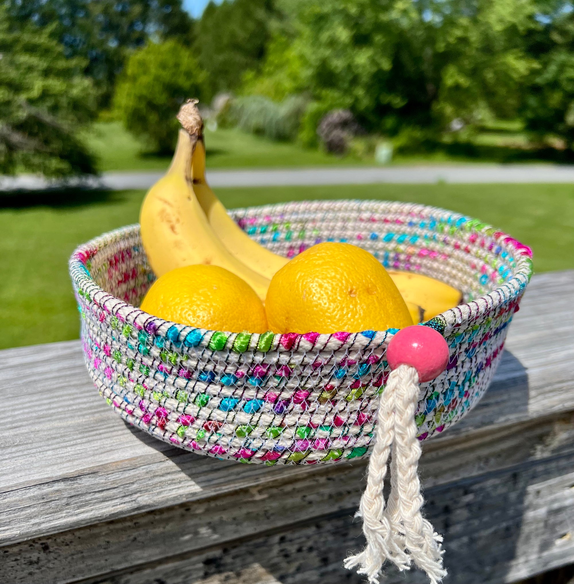 Coiled Rope Bowl and White with Blue Pink and Green Accent