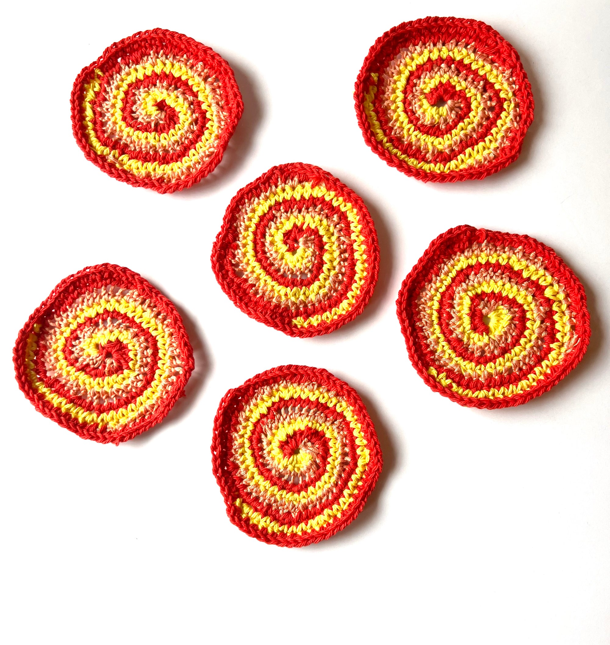 Crochet Squares (rounds) Pack of 6 - Red Orange and Yellow