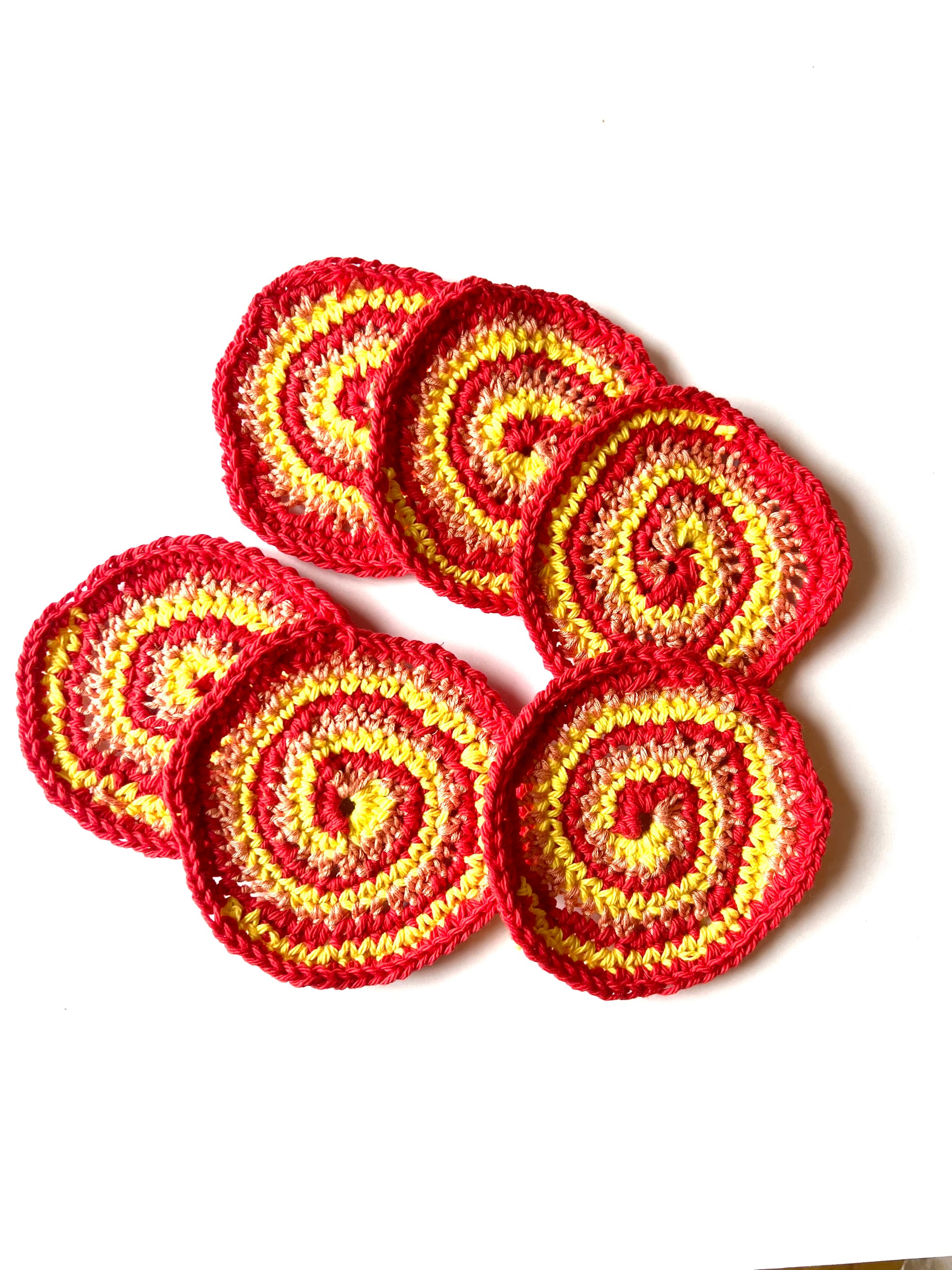 Crochet Squares (rounds) Pack of 6 - Red Orange and Yellow