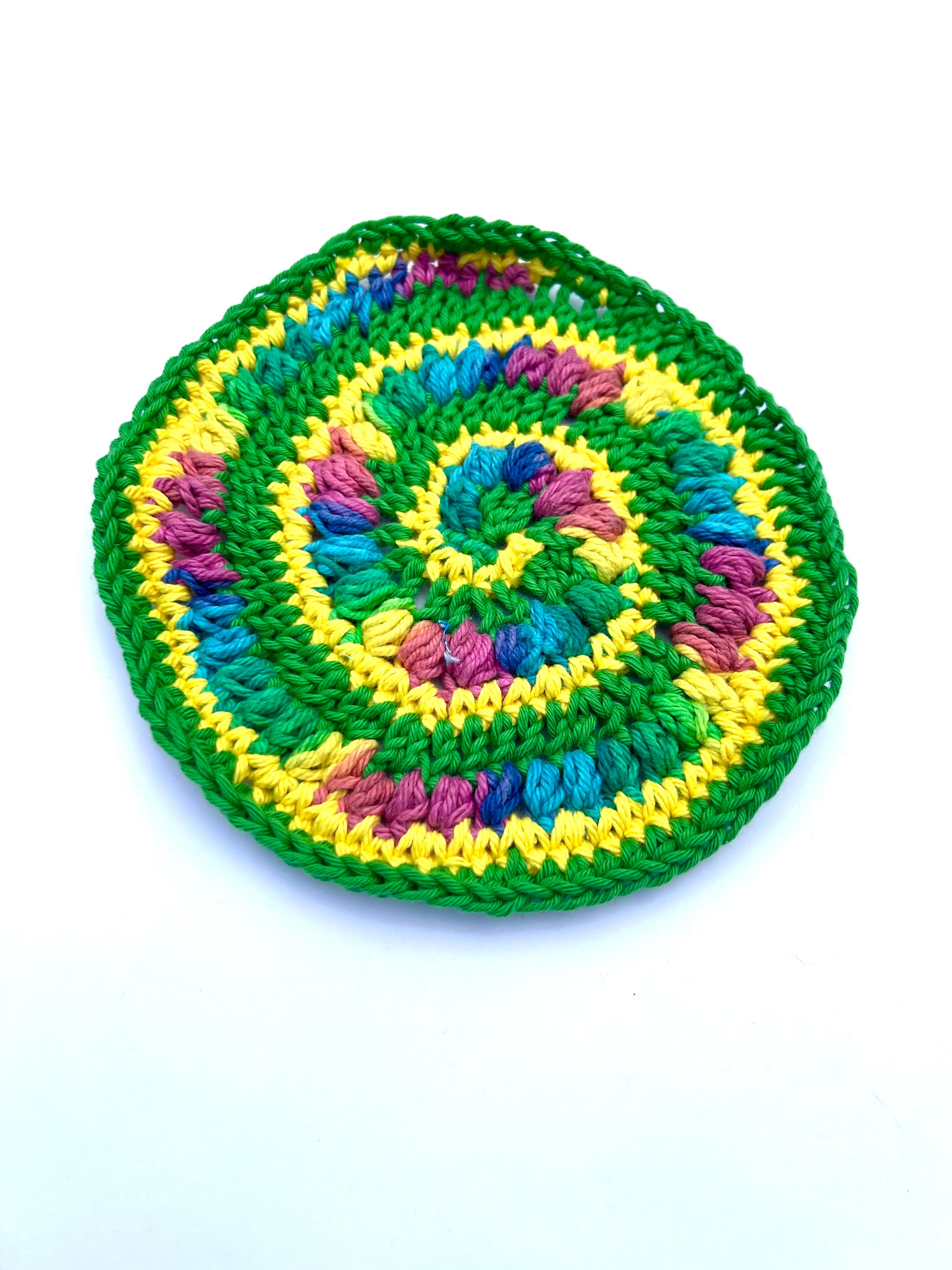 Crochet Square (round) Swirl Patch in Green, Yellow and Multi Color Accent